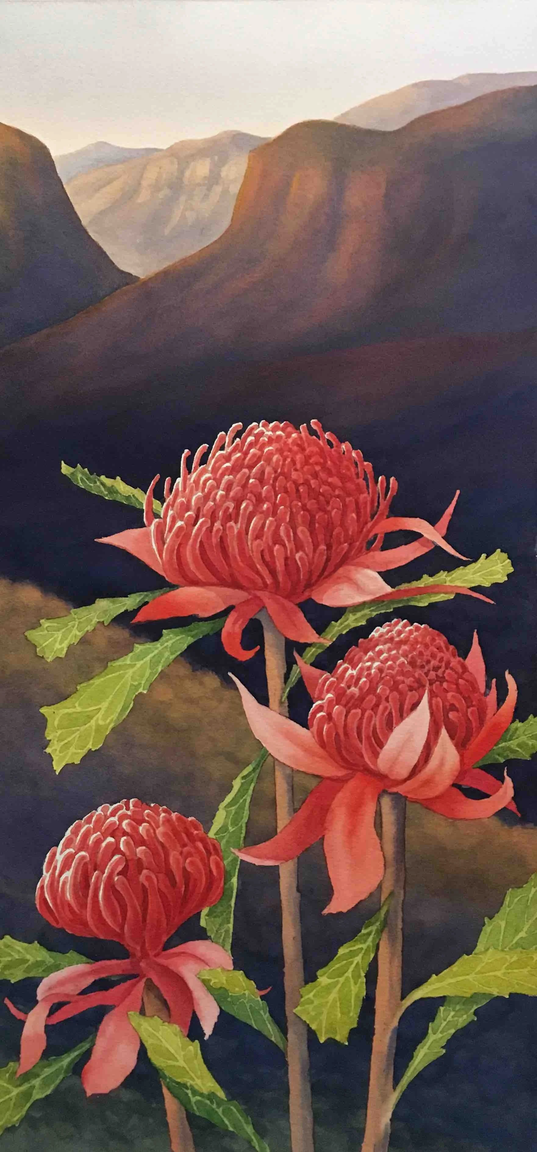 Owen Thompson | Waratah Trio In Blue Mountains Vista | SOLD