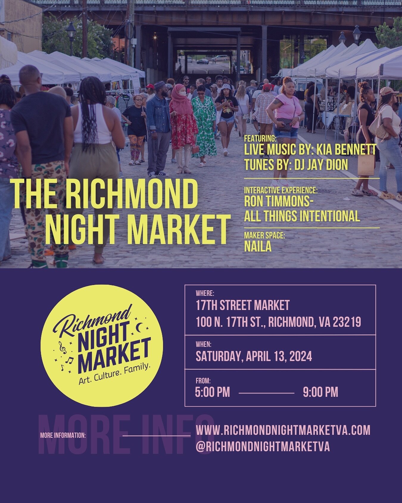 The countdown is on! 

We&rsquo;re excited for you to join us for the first Richmond Night Market of the season on April 13th. 

🗓️ Saturday, April 13
⏰ 5 pm - 9 pm
🧭 @17thstreetmarket 

Featuring music and experiences by:

🎤 @enchantress76 
🔊 @o