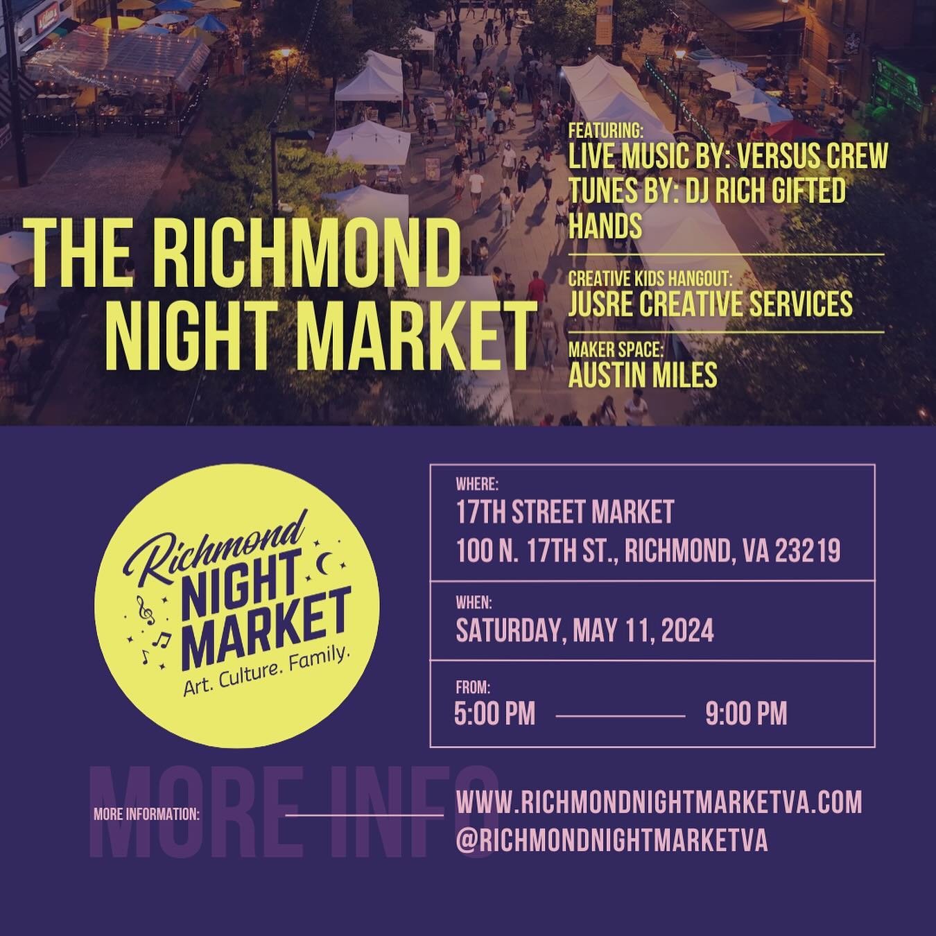 Save the date! 
📆 Join us Saturday, May 11th, for an evening filled with excitement at the Richmond Night Market. From 5pm until 9pm, immerse yourself in a world of creativity and fun!
🌟 Don&rsquo;t miss out on the chance to explore the sounds of @