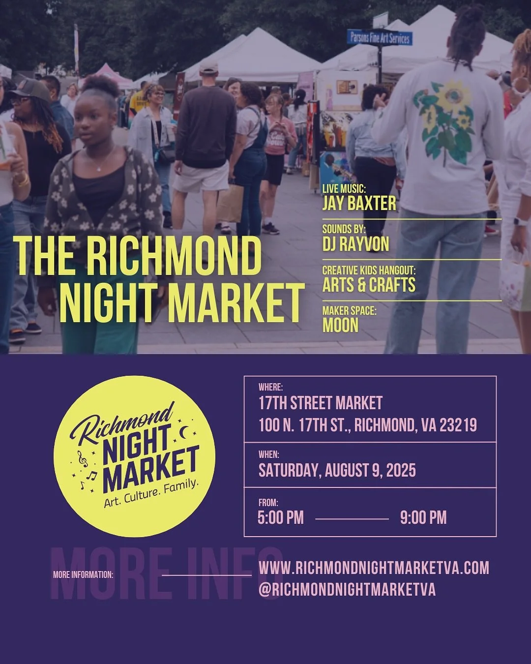 We missed you! The Richmond Night Market returns Saturday August 9th with another evening of art, culture, and connection at @17thstreetmarket 

Live music by @jay_bax98 
Sounds by @djrayvon_ 
Creative Kids Hangout led by Arts &amp; Crafts.
Maker Spa