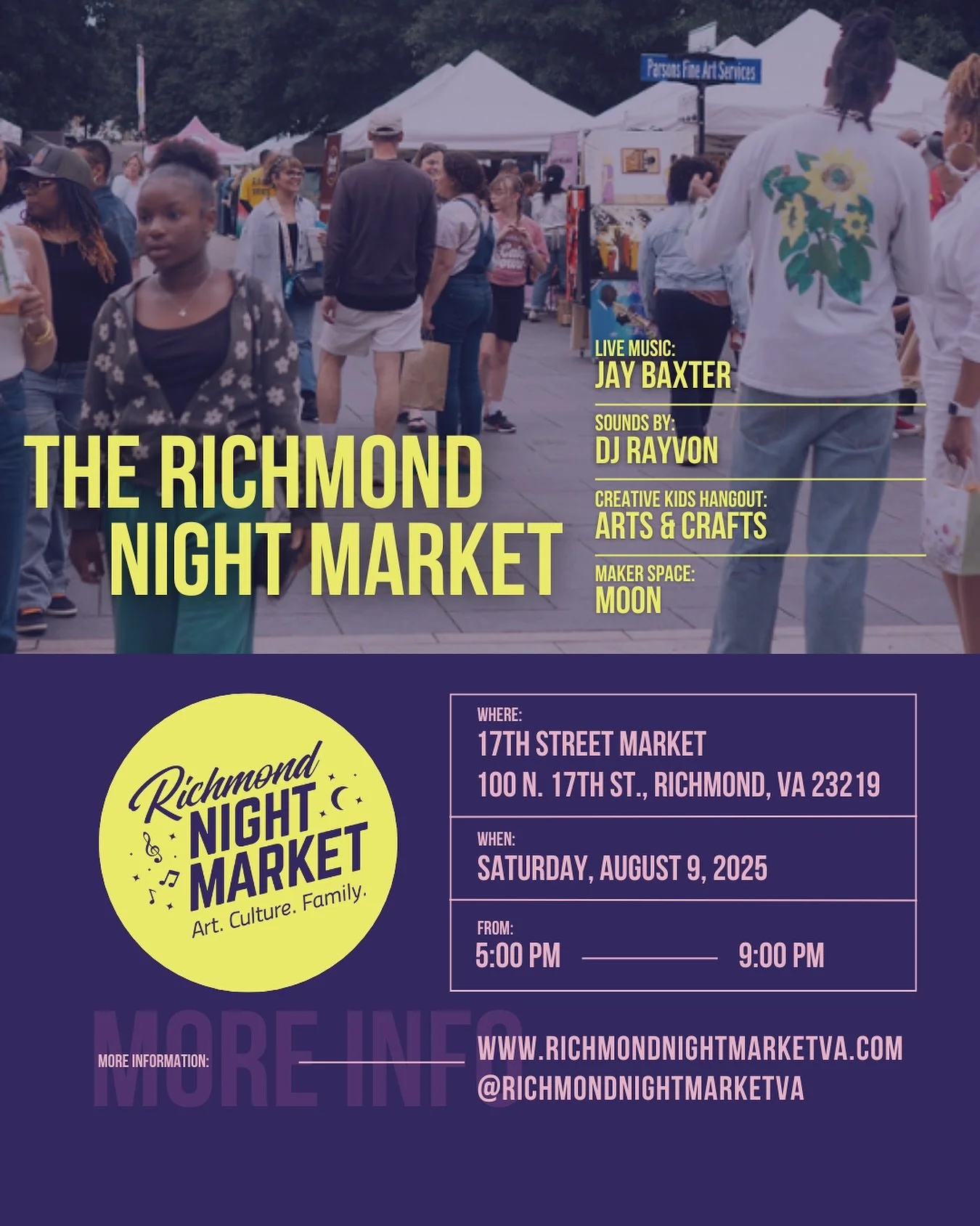 Tomorrow, the Richmond Night Market comes alive.
Shop local. Taste something new. Hear the music. Feel the energy.

See you from 5&ndash;9 PM at 17th Street Market for an evening of art, food, music, and community.
