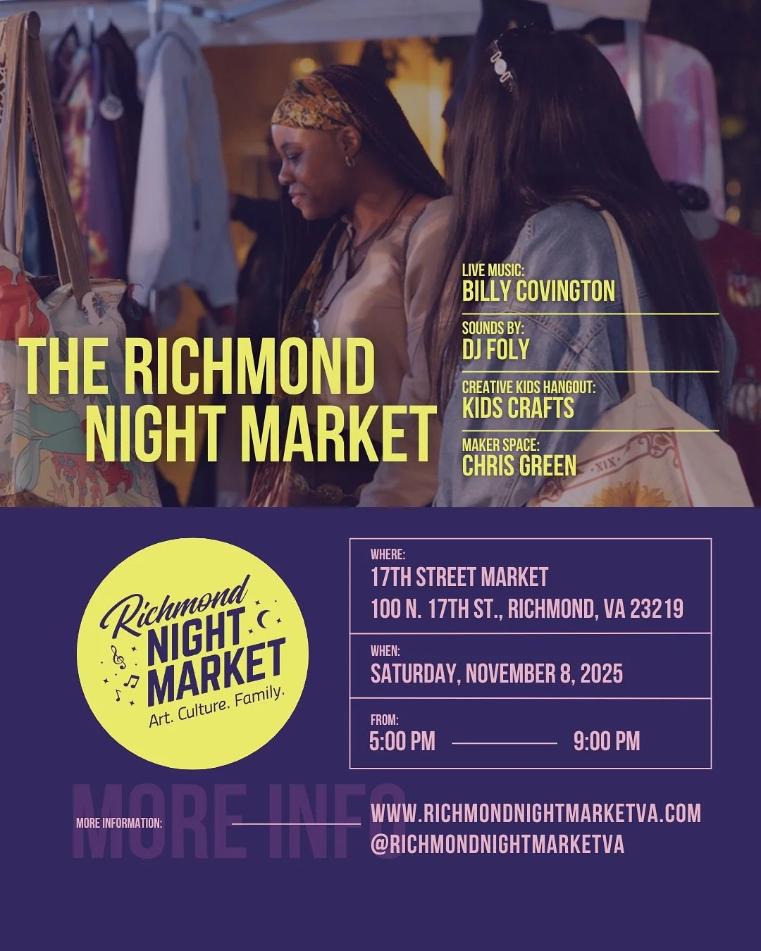 The countdown is on! 
Join us for the November Richmond Night Market on Saturday, November 8th from 5&ndash;9 PM at 17th Street Market.

Enjoy live music by @billyc_hifive , sounds by @folyann , kids crafts, and the creative energy of our Maker Space