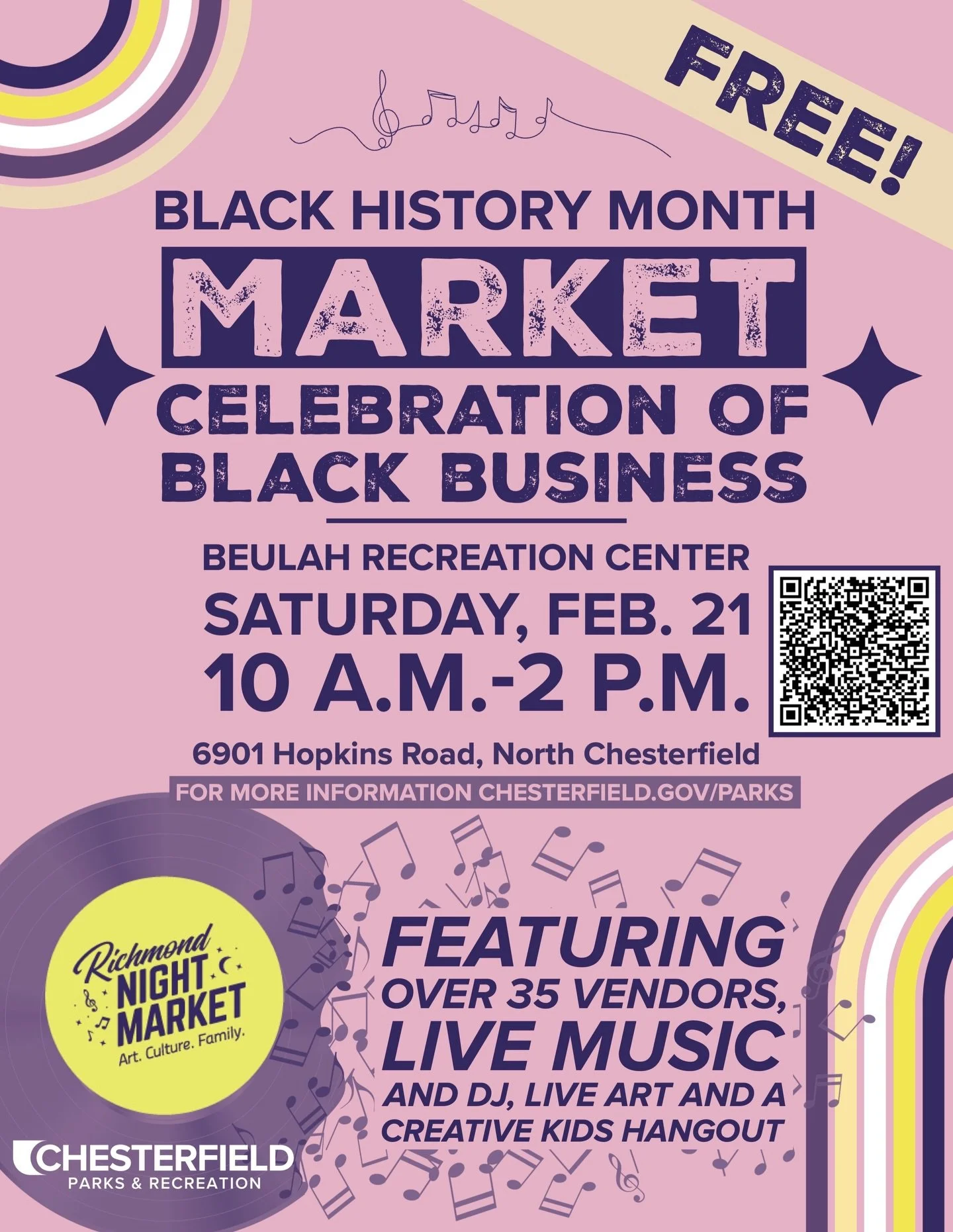 Join us for a celebration of Black history, Black business, and Black creativity.

The Richmond Night Market is proud to present our Black History Month Market on Saturday, February 21 from 10 AM to 2 PM at Beulah Recreation Center in North Chesterfi