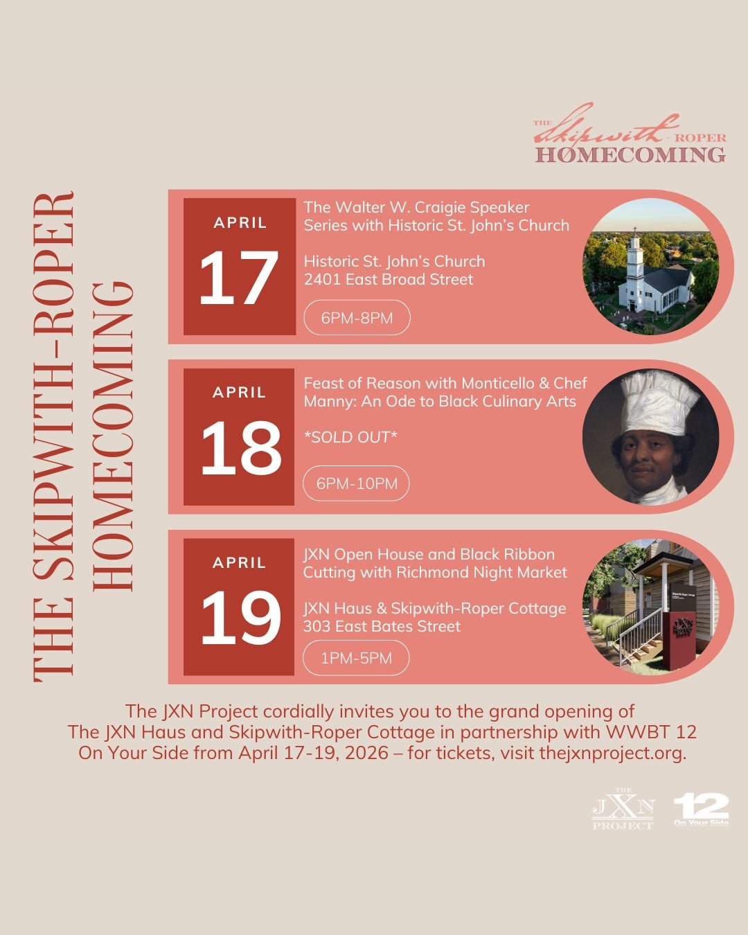 We&rsquo;re excited to be part of this year&rsquo;s Skipwith-Roper Homecoming.

On Sunday, April 19 from 1 to 5 PM, the Richmond Night Market will partner with JXN for the JXN Open House and Black Ribbon Cutting at The JXN Haus and Skipwith-Roper Cot