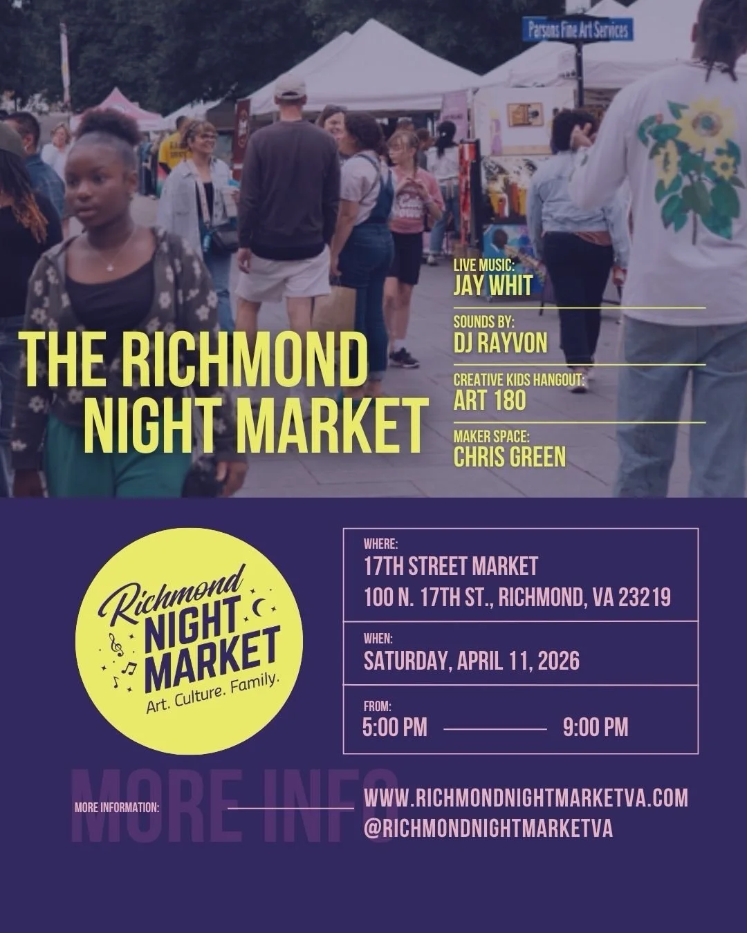 Today is the day!

The Richmond Night Market returns for our Season 8 kickoff and everything is lined up for a good night.

Jay Whit on stage
DJ Rayvon on the sounds
Chris Green live in the Makers Space
ART 180 with the Creative Kids Hangout
Sweat Ex