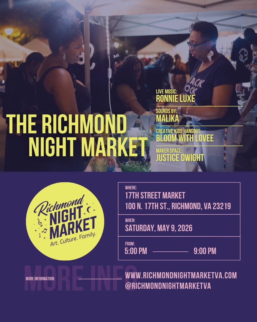 Tonight feels like a Richmond Night Market kind of night.

Perfect weather. Good music. Good people. And a lineup that&rsquo;s going to carry the whole evening.

Ronnie Luxe live on stage
Malika on the sounds
Justice Dwight in the Makers Space
Bloom 