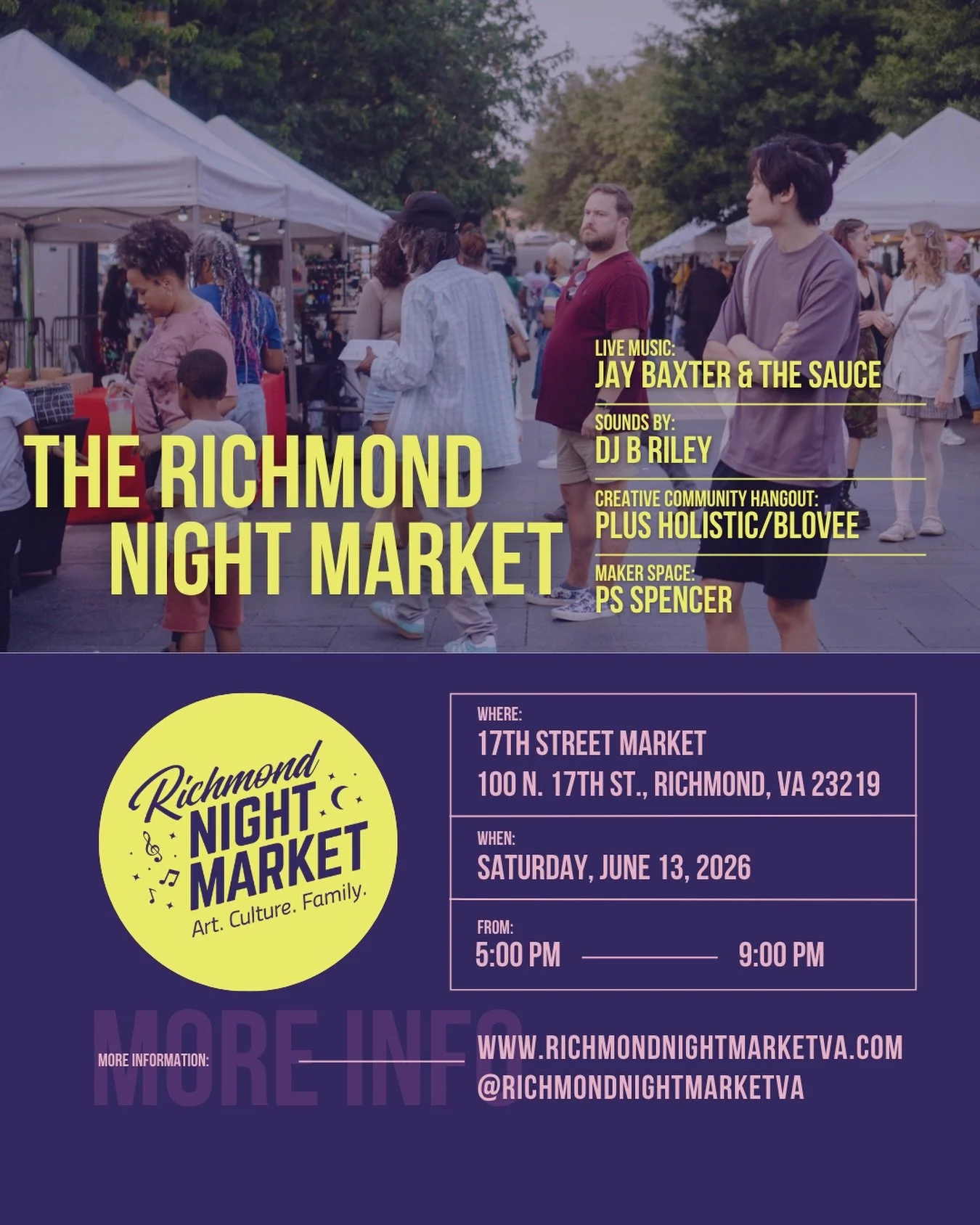 Join us Saturday, June 13 at 17th Street Market for an evening of live music, local artists, creative experiences, great food, and some of Richmond&rsquo;s favorite small businesses all in one place.

We&rsquo;ll have live music from Jay Baxter &amp;