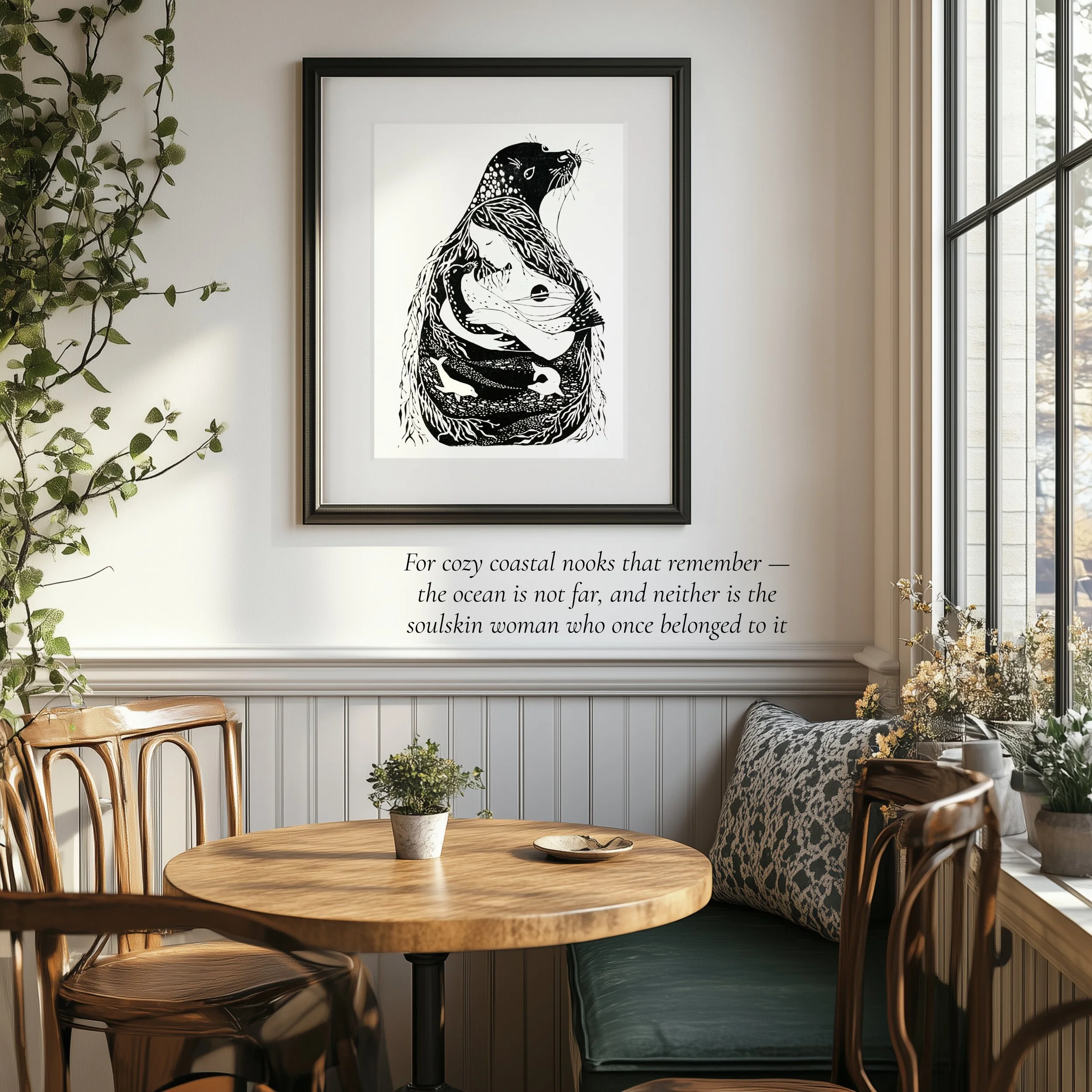 a framed linocut of Selkie