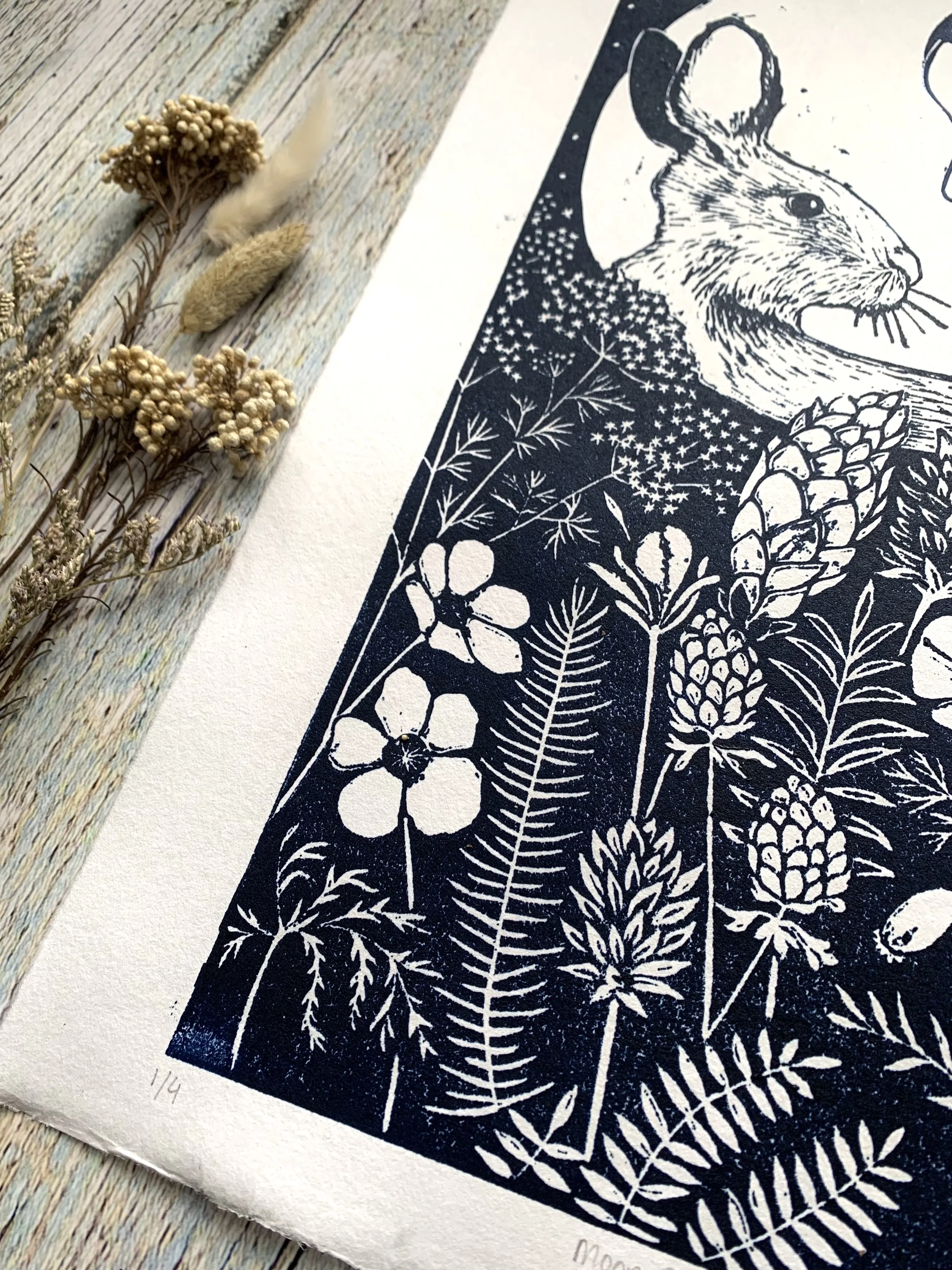 handmade linocut print of the Jade Rabbit and the Lady on the Moon