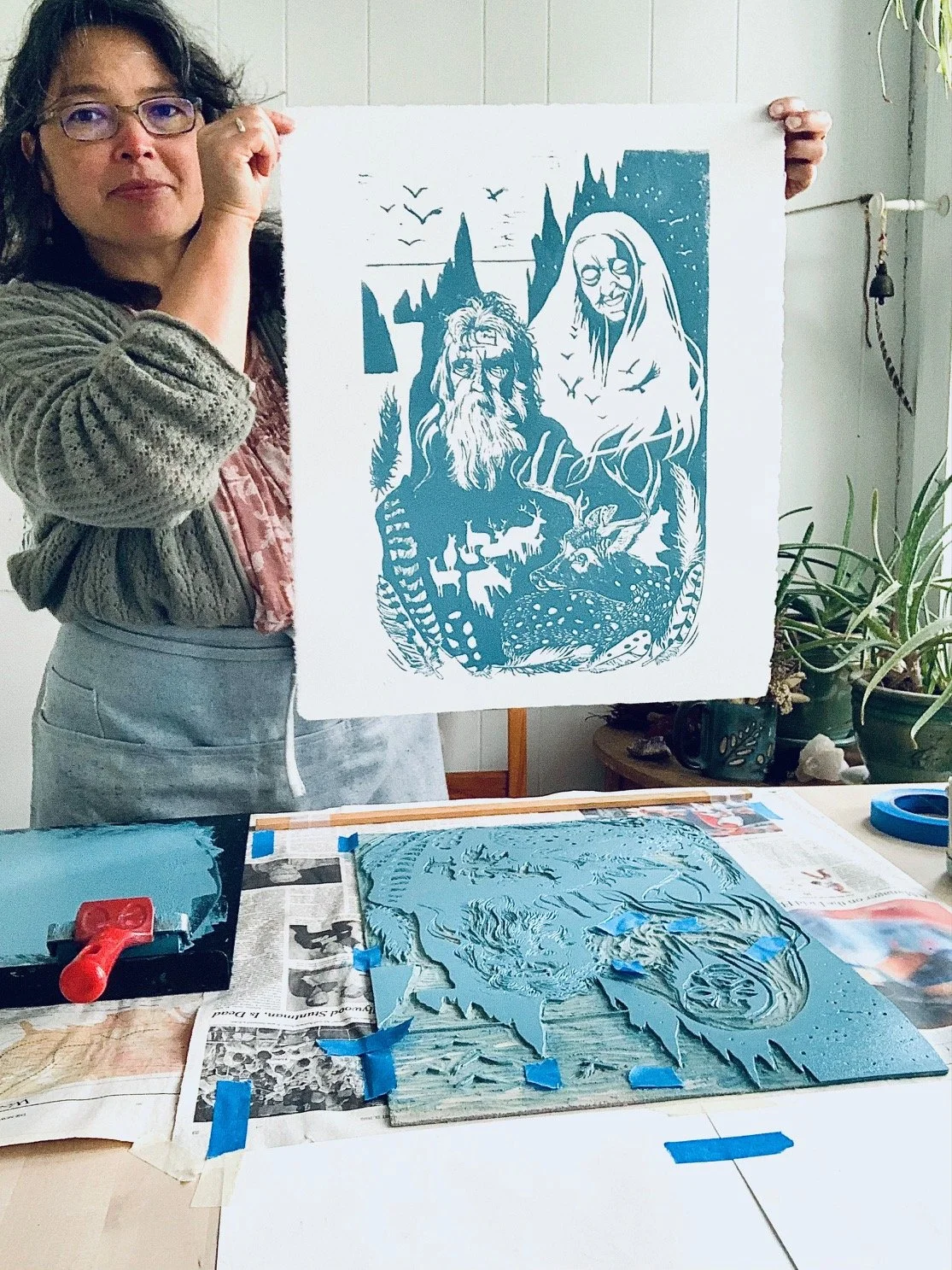 Handmade linocut print of a folktale from the Isle of Skye "The Makers