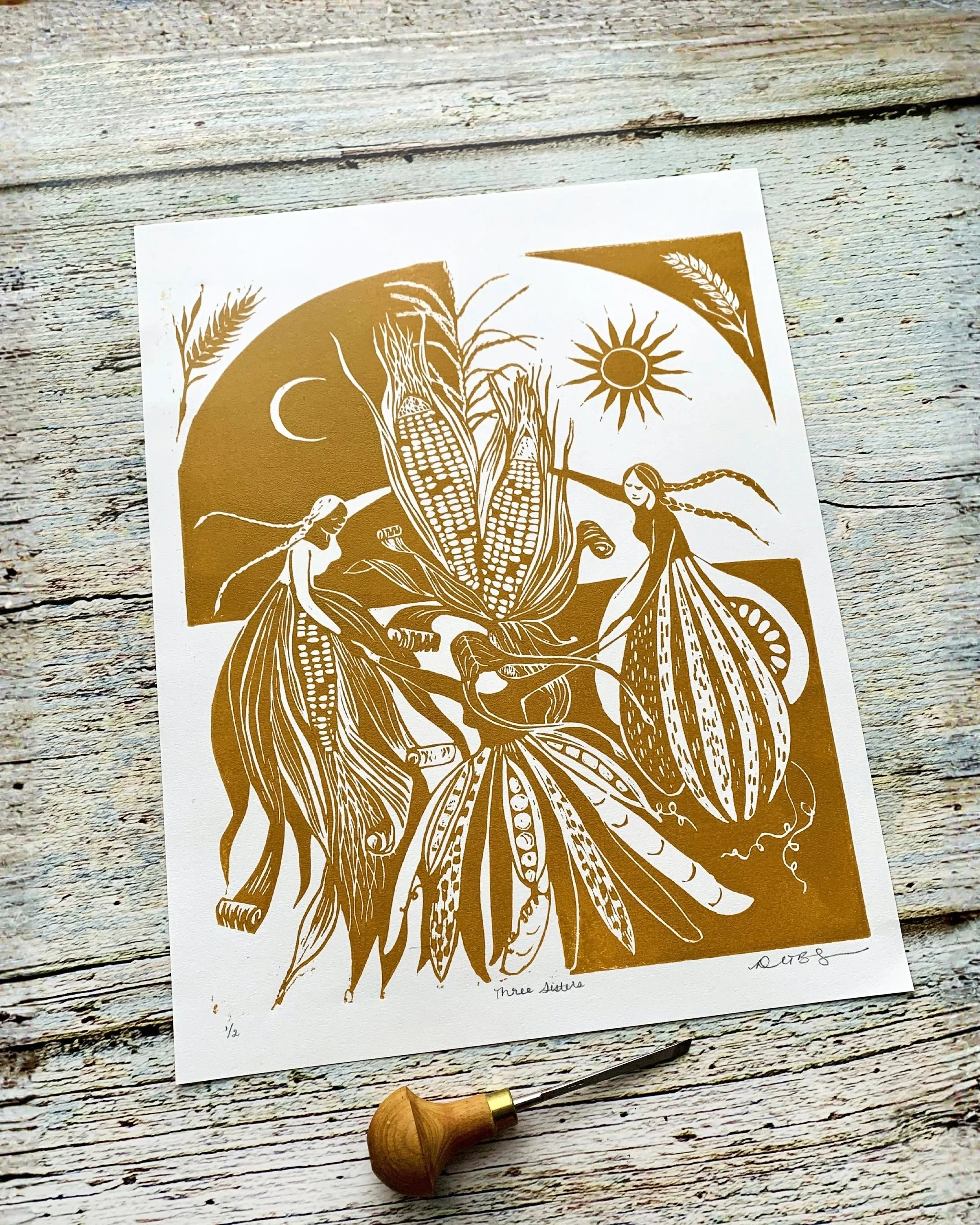 Original hand-printed linocut inspired by the Three Sisters planting tradition and folktale. Celebrating interdependence, wild earth wisdom, and feminine ecology