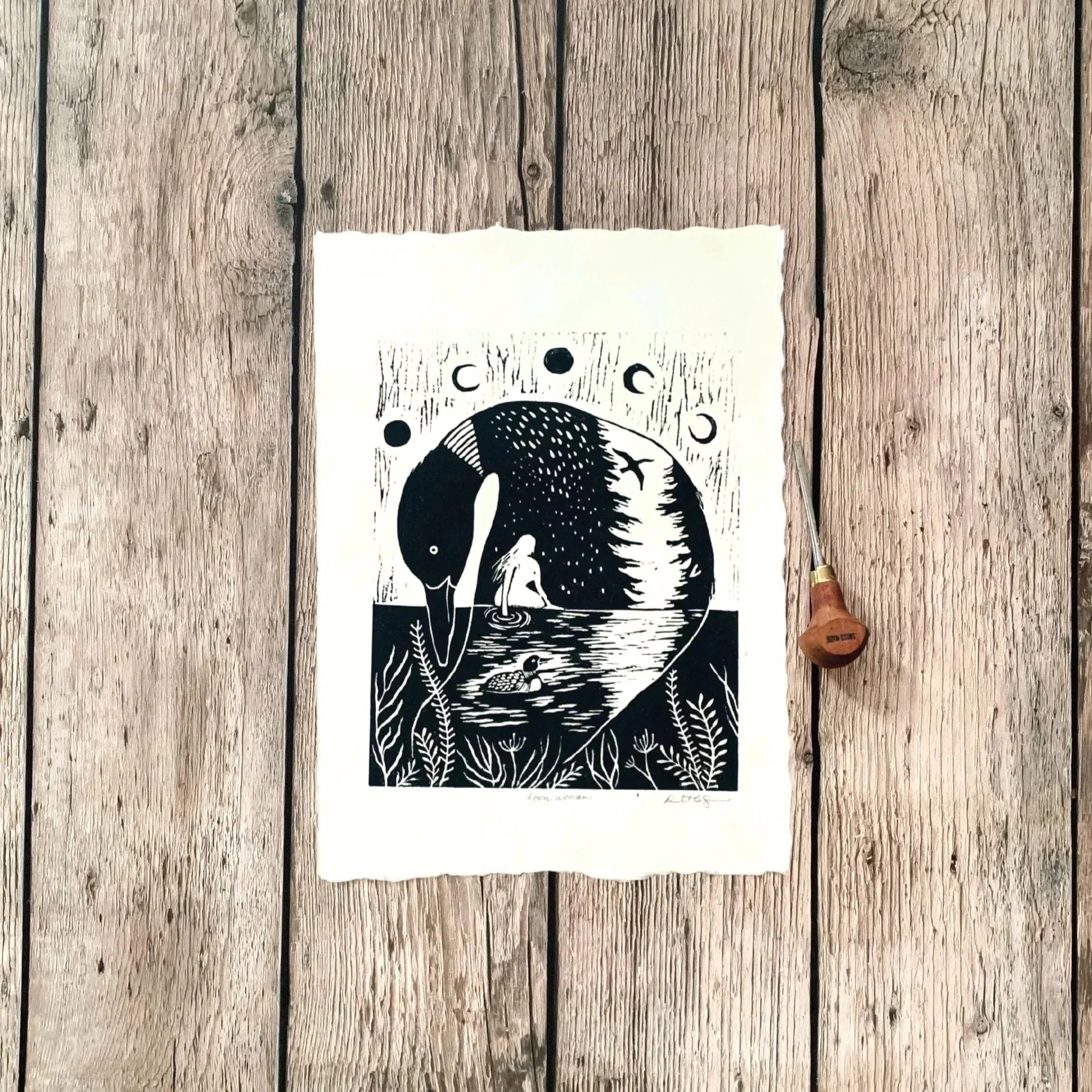 Loon Woman linocut print