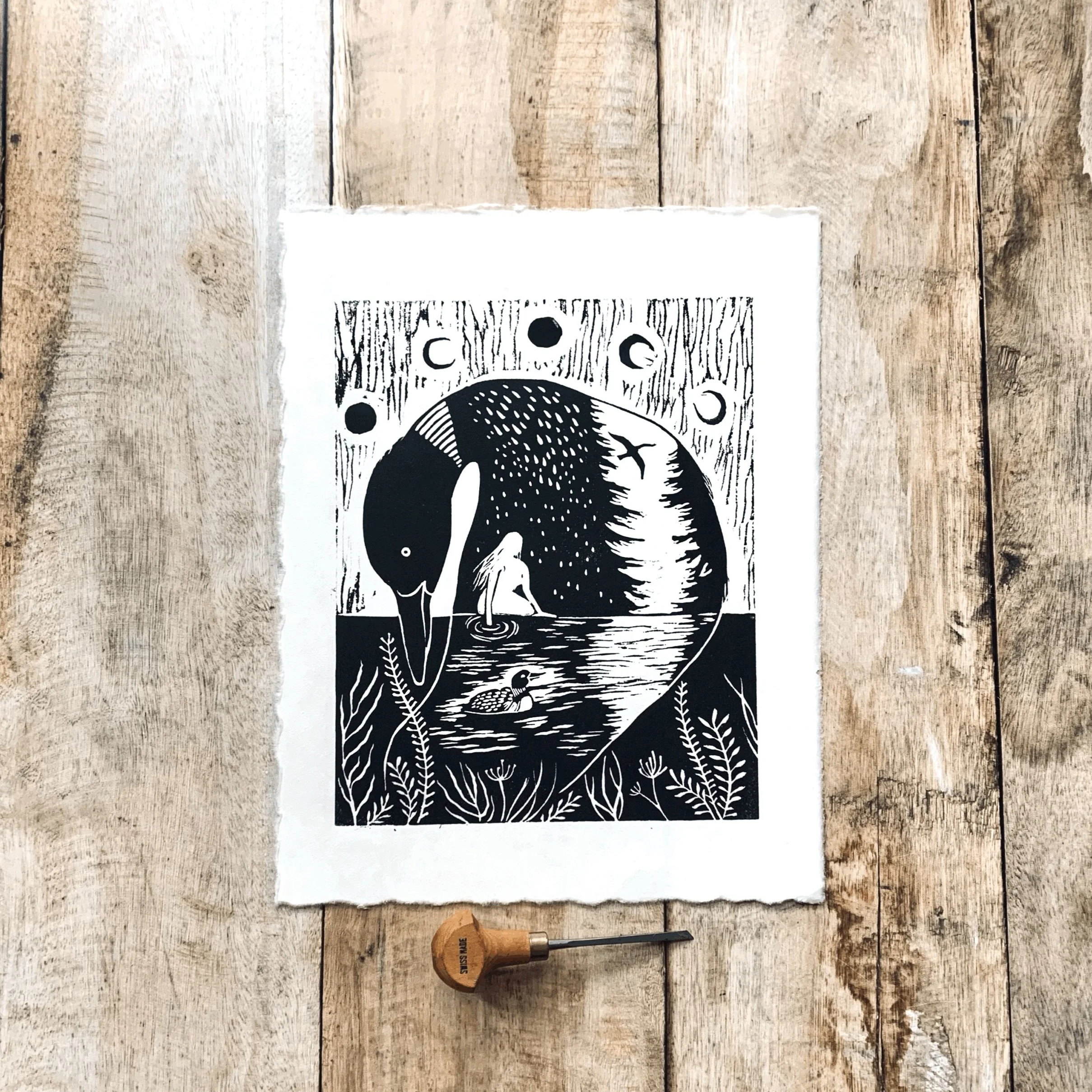 Loon Woman linocut print