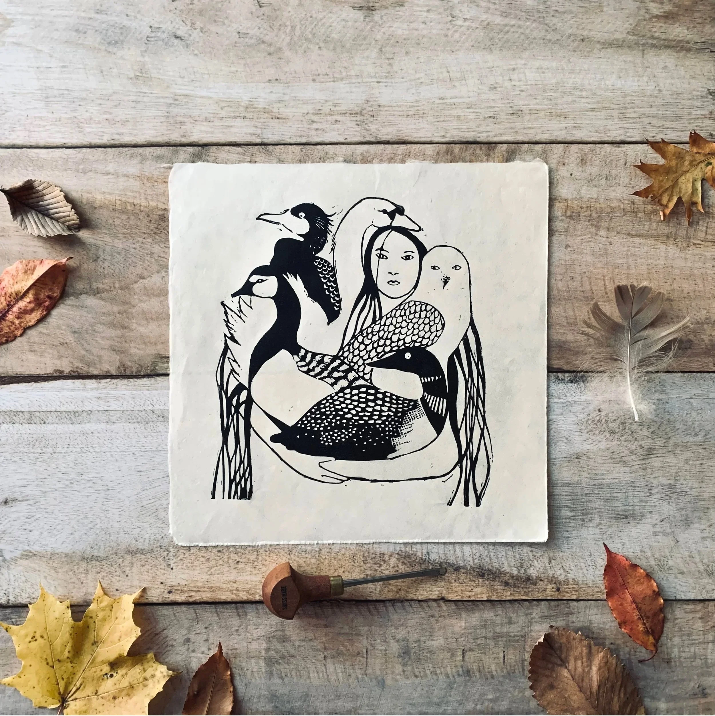 Bird Woman Linocut Print