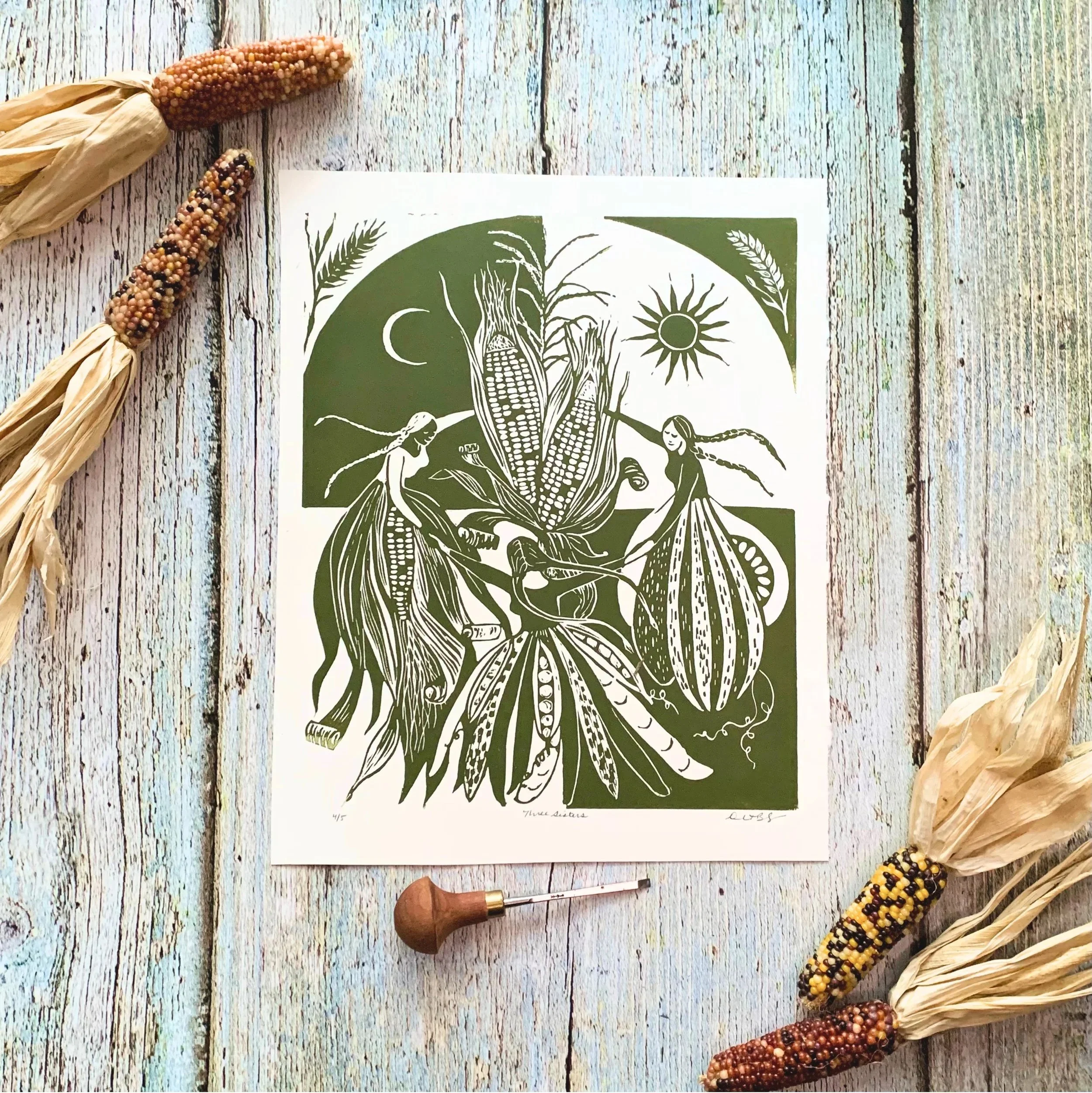 Three Sisters Garden Linocut