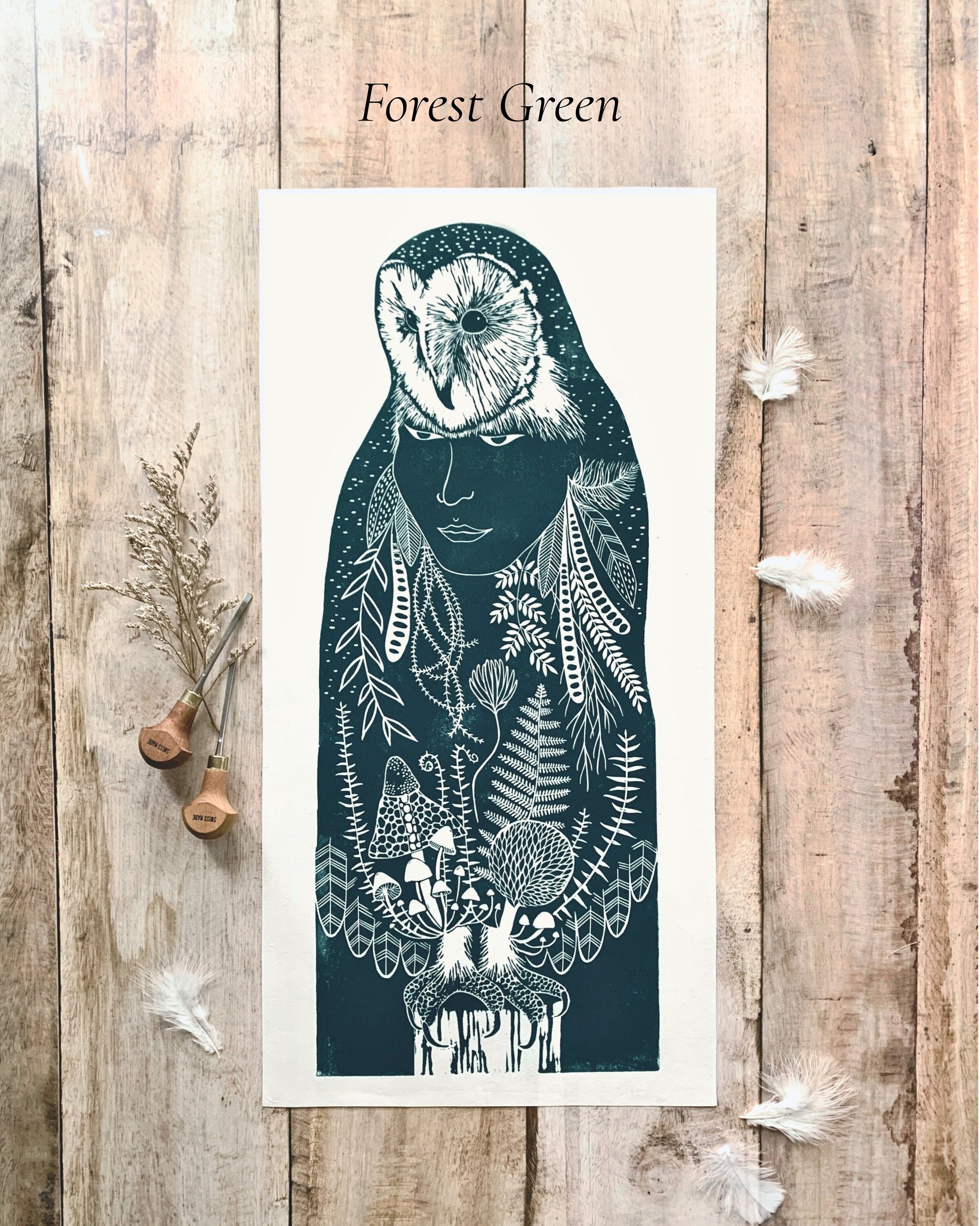 Owl Woman Linocut Print
