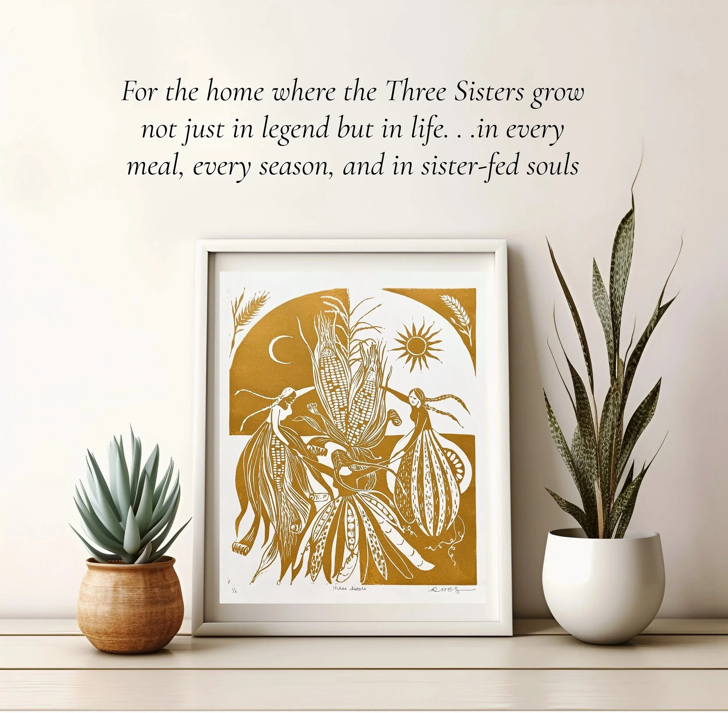 Three Sisters Linocut Print – Corn Beans Squash Folklore Art