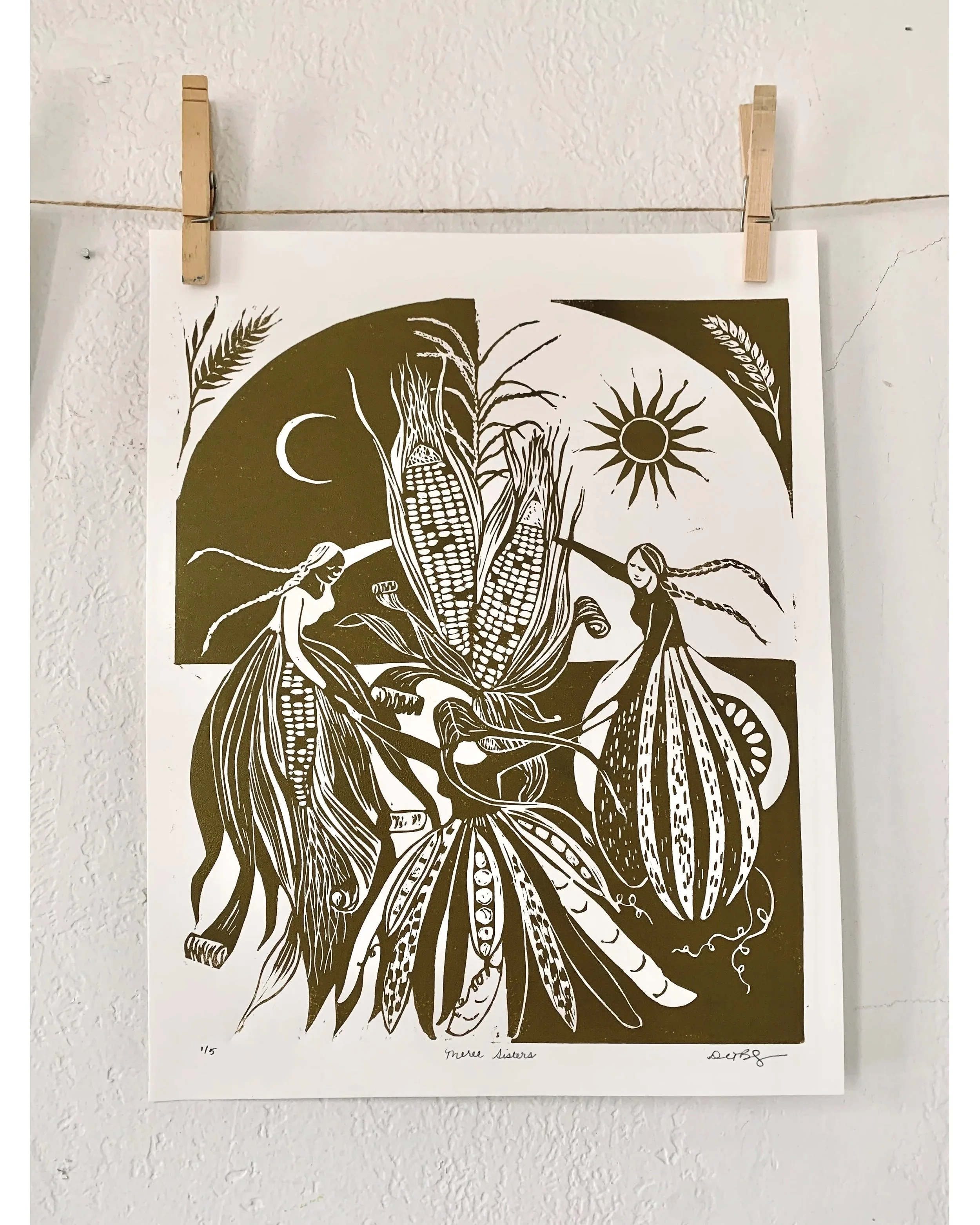 Hand-carved linocut print inspired by the Indigenous Three Sisters story of corn, beans, and squash