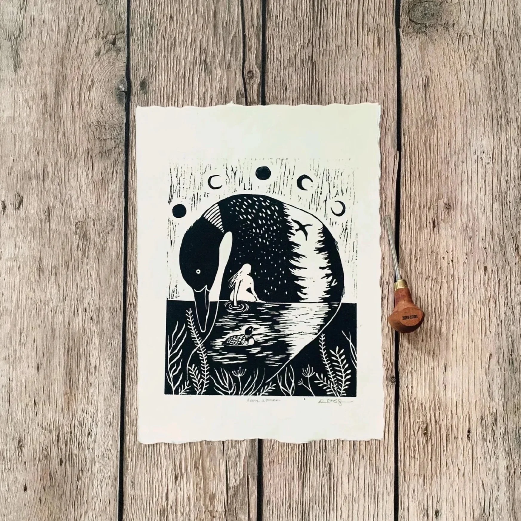 Loon Woman linocut print