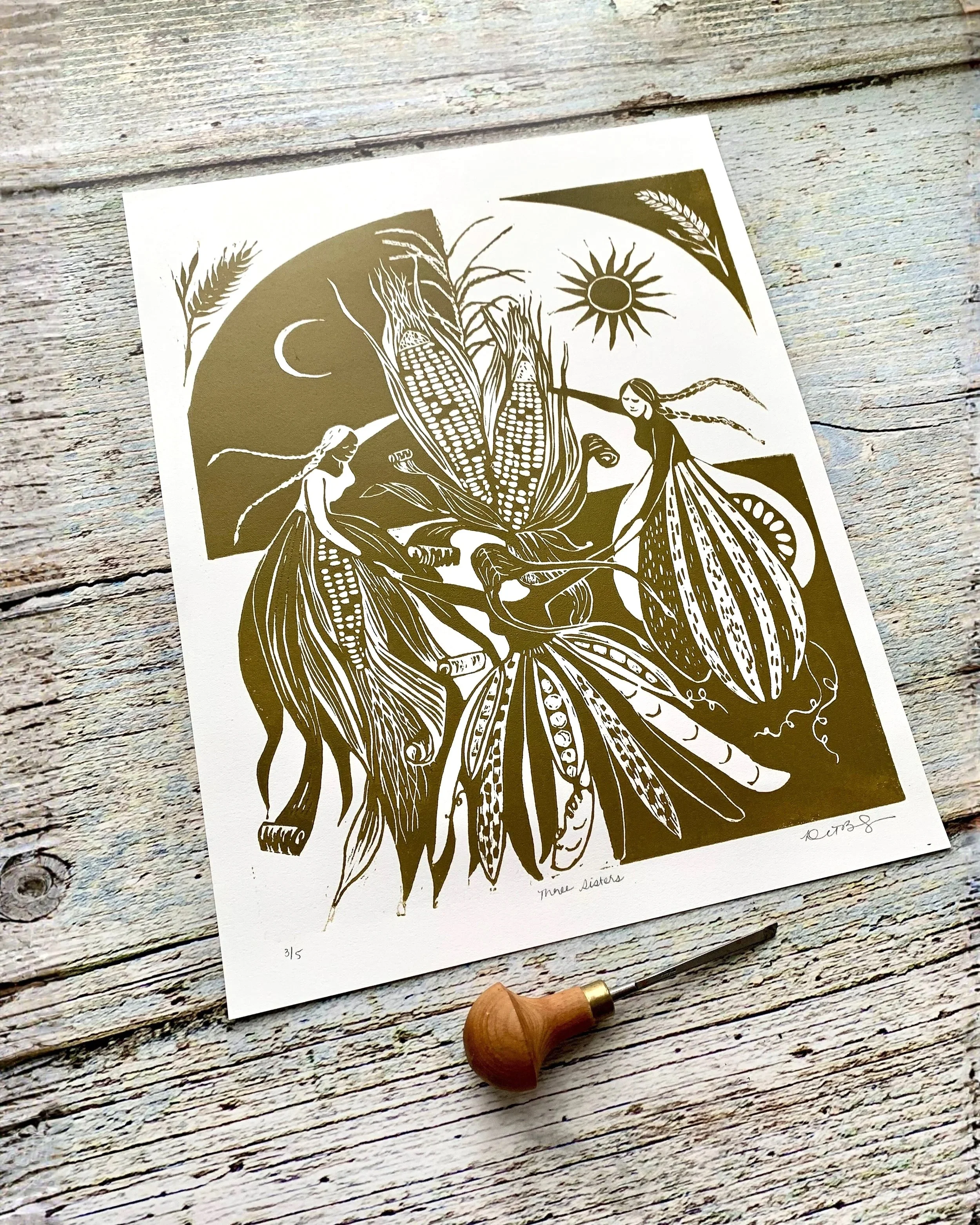 Hand-carved linocut print inspired by the Indigenous Three Sisters story of corn, beans, and squash