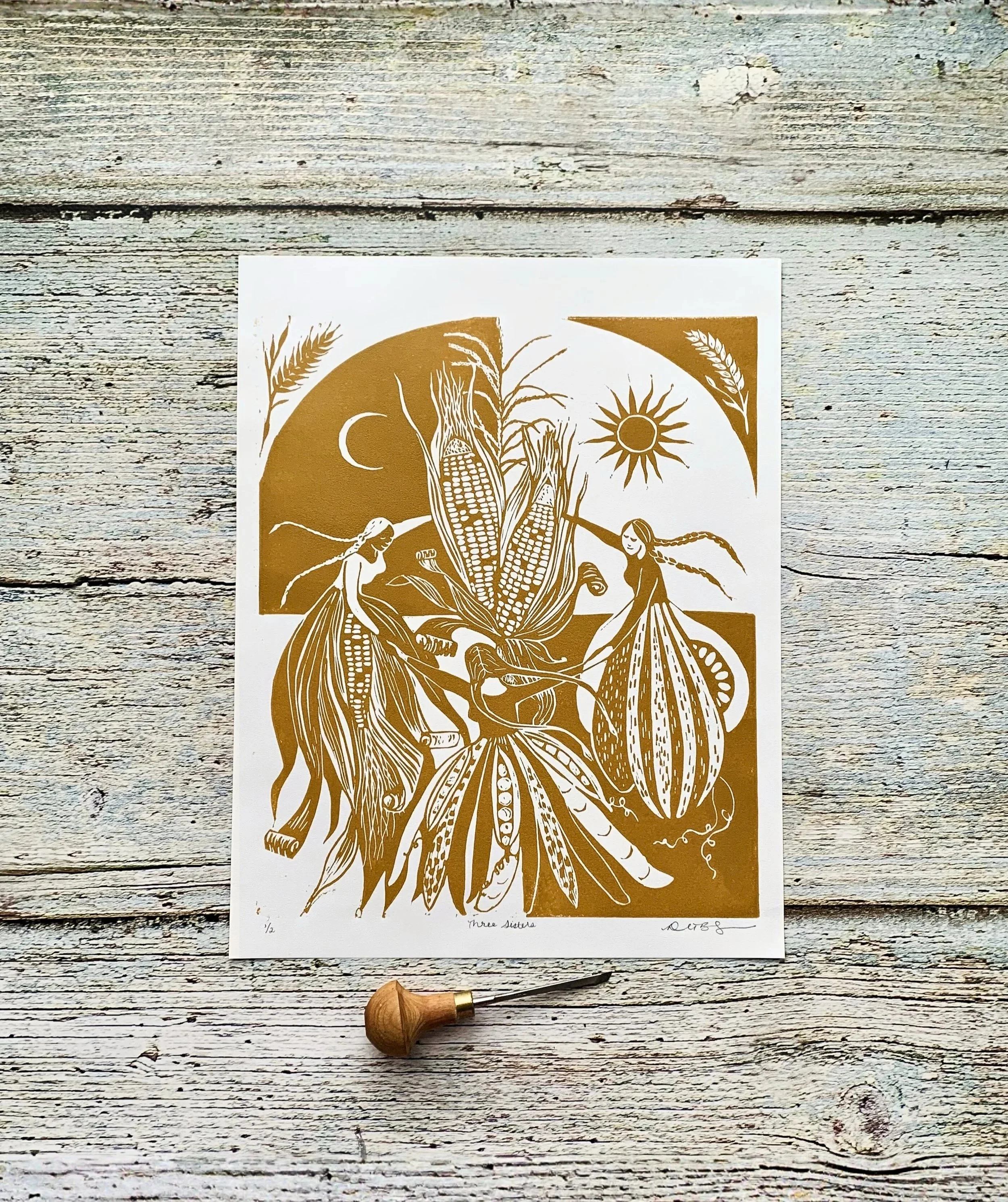 Three Sisters Linocut Print – Sacred Feminine Folk Art