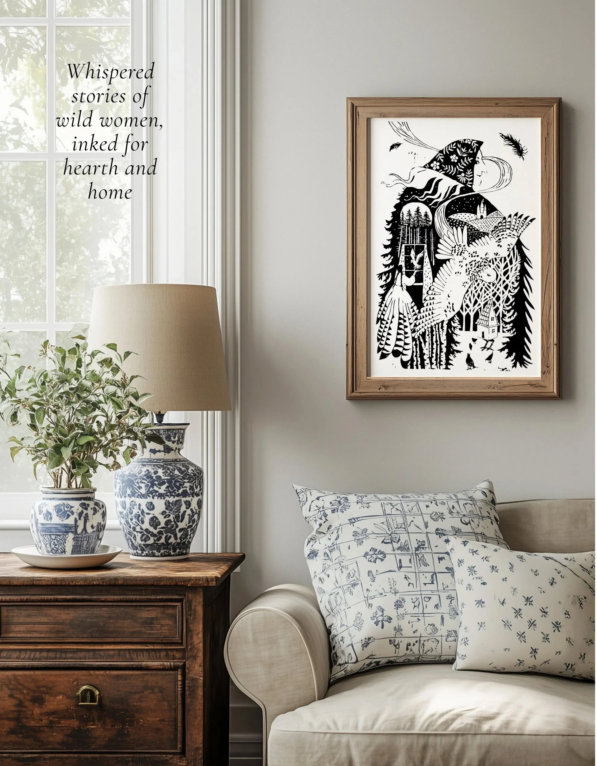 A framed handcrafted linocut print of Baba Yaga in an elegant living room