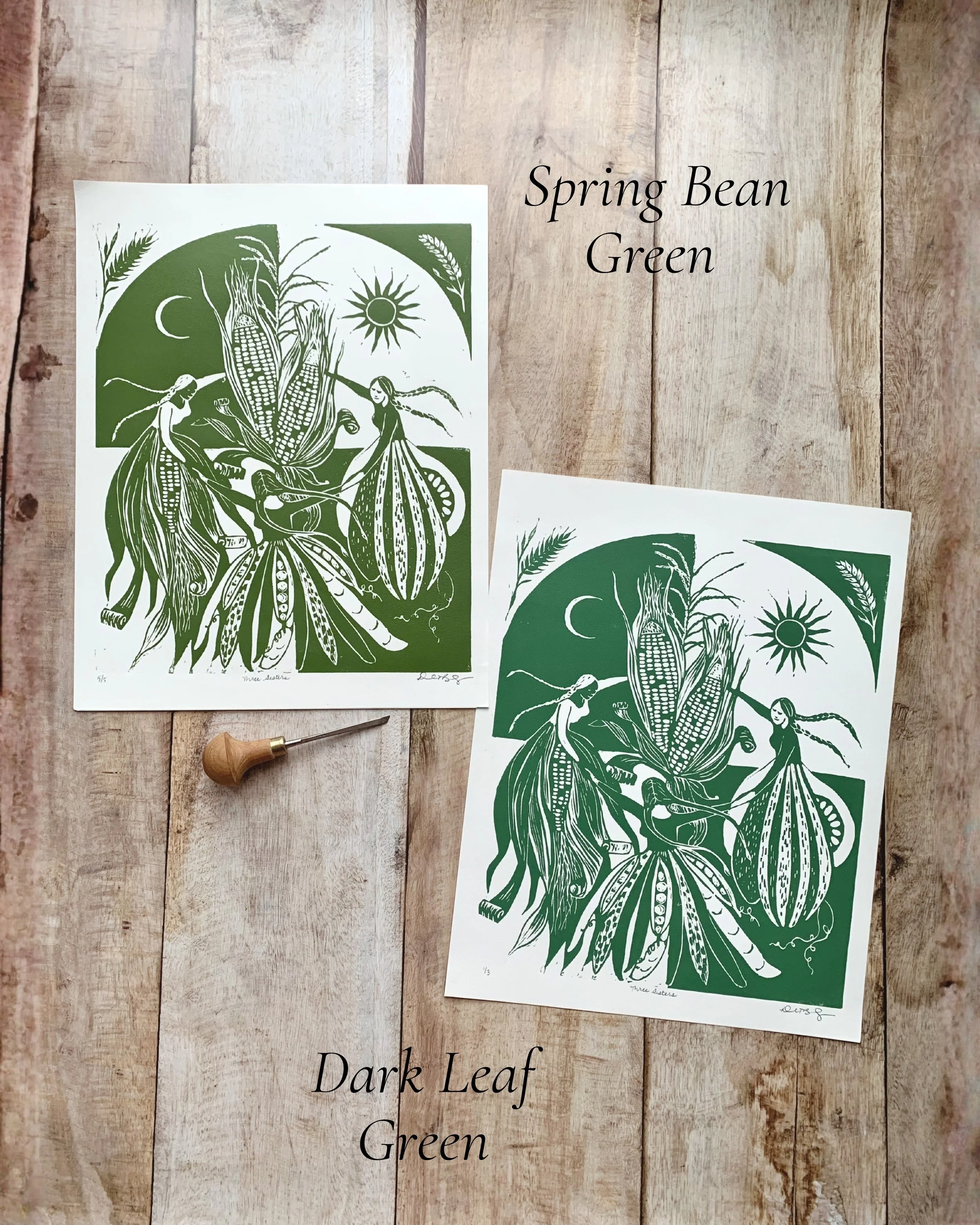 Handmade linocut print inspired by the Three Sisters legend of corn, beans, and squash growing together in harmony