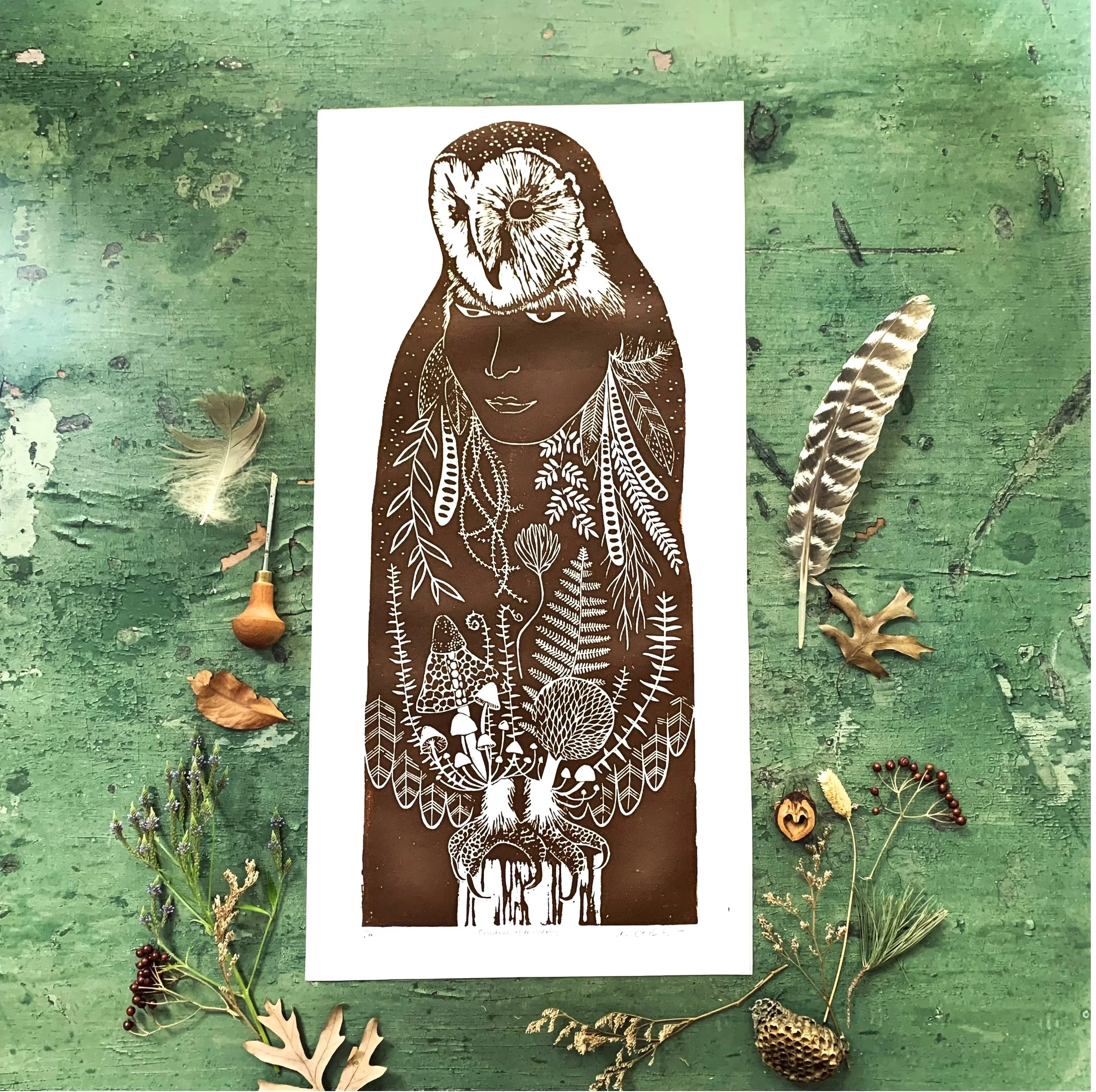 Owl Woman Linocut Print