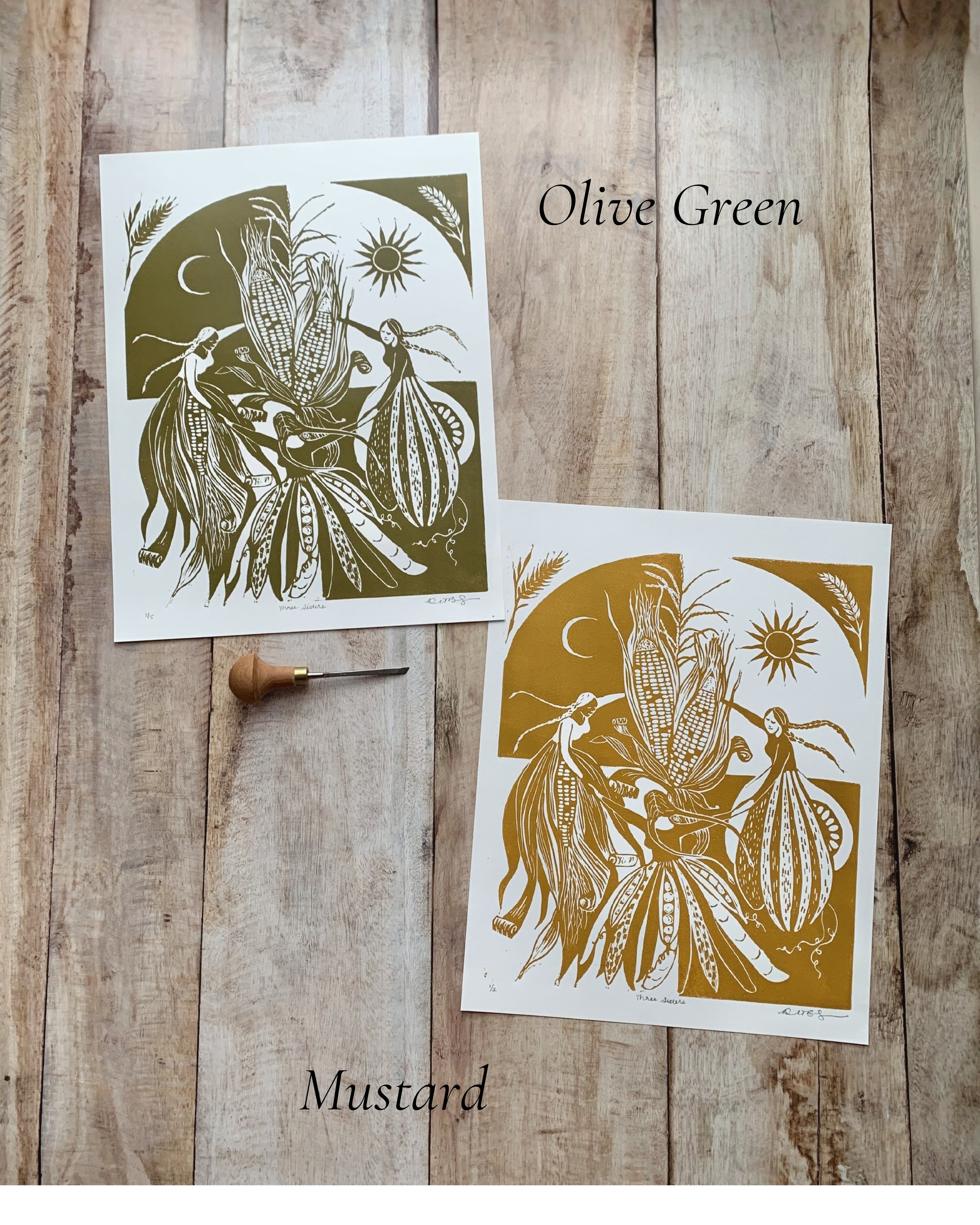 Three Sisters handmade block print - a symbol of sisterhood, land connection, and ancestral earth knowledge