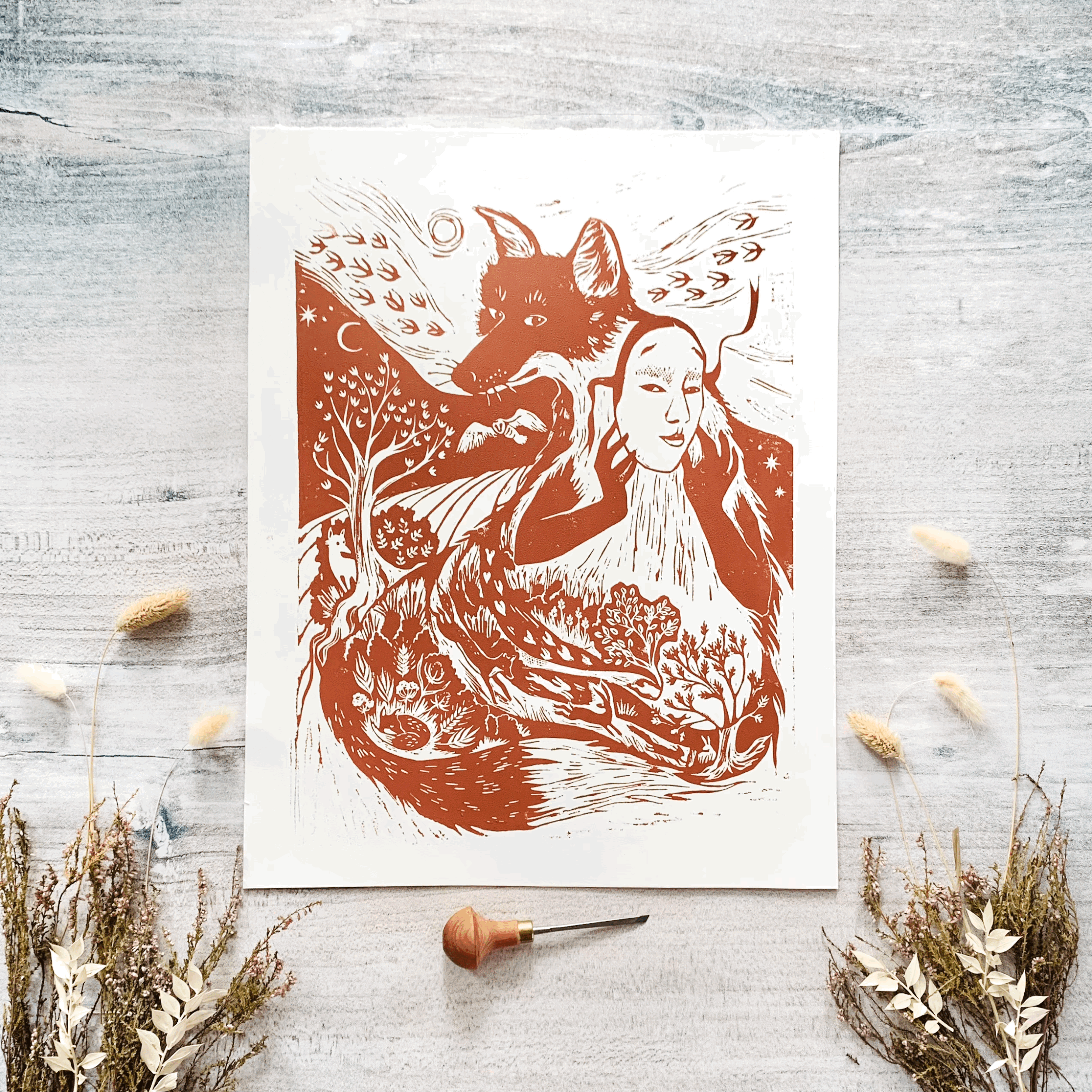 Fox Woman Linocut Print