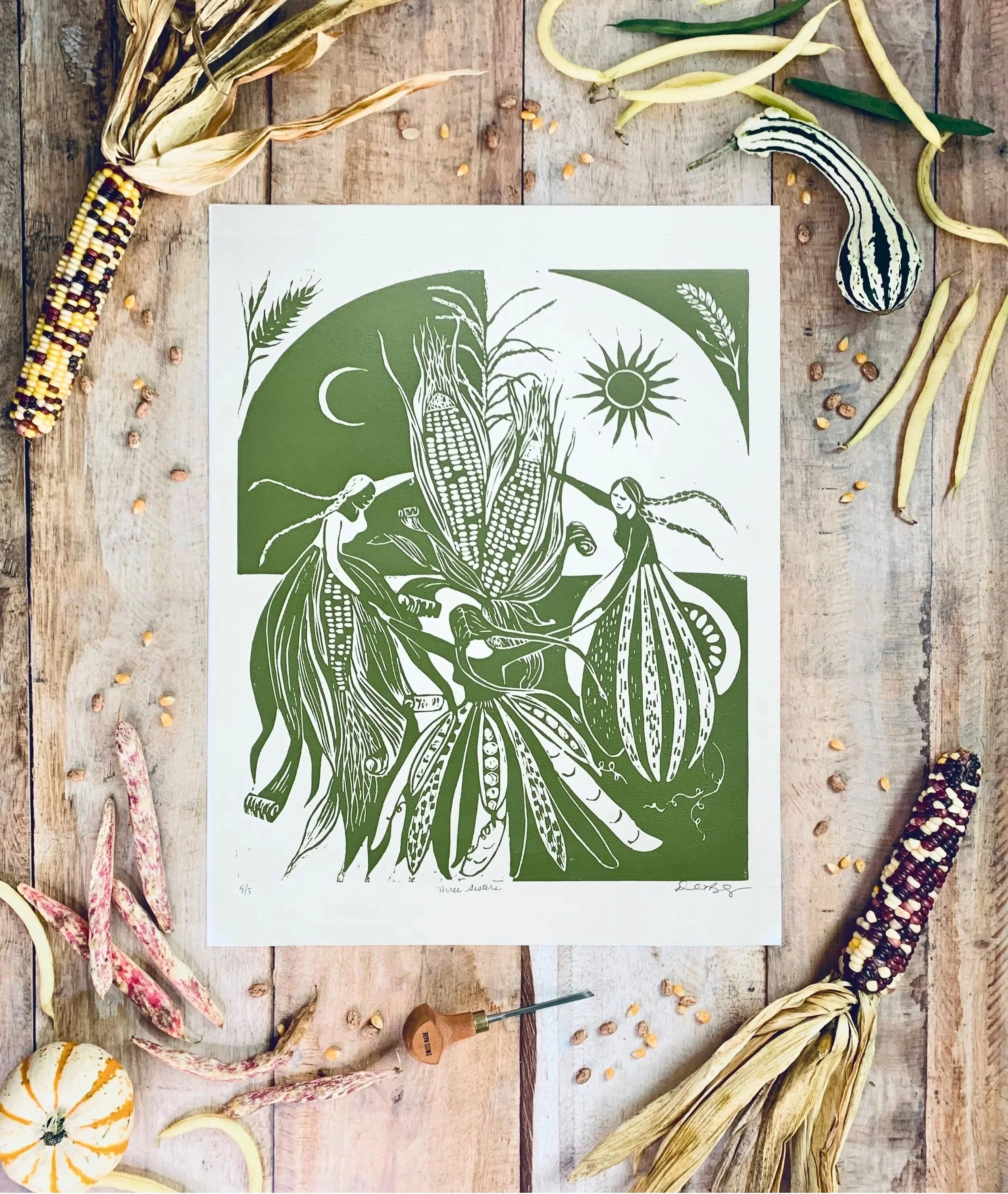Three Sisters Corn Beans Squash Linocut Print – Rewilding Folk Art | Sacred Feminine Nature Mythology