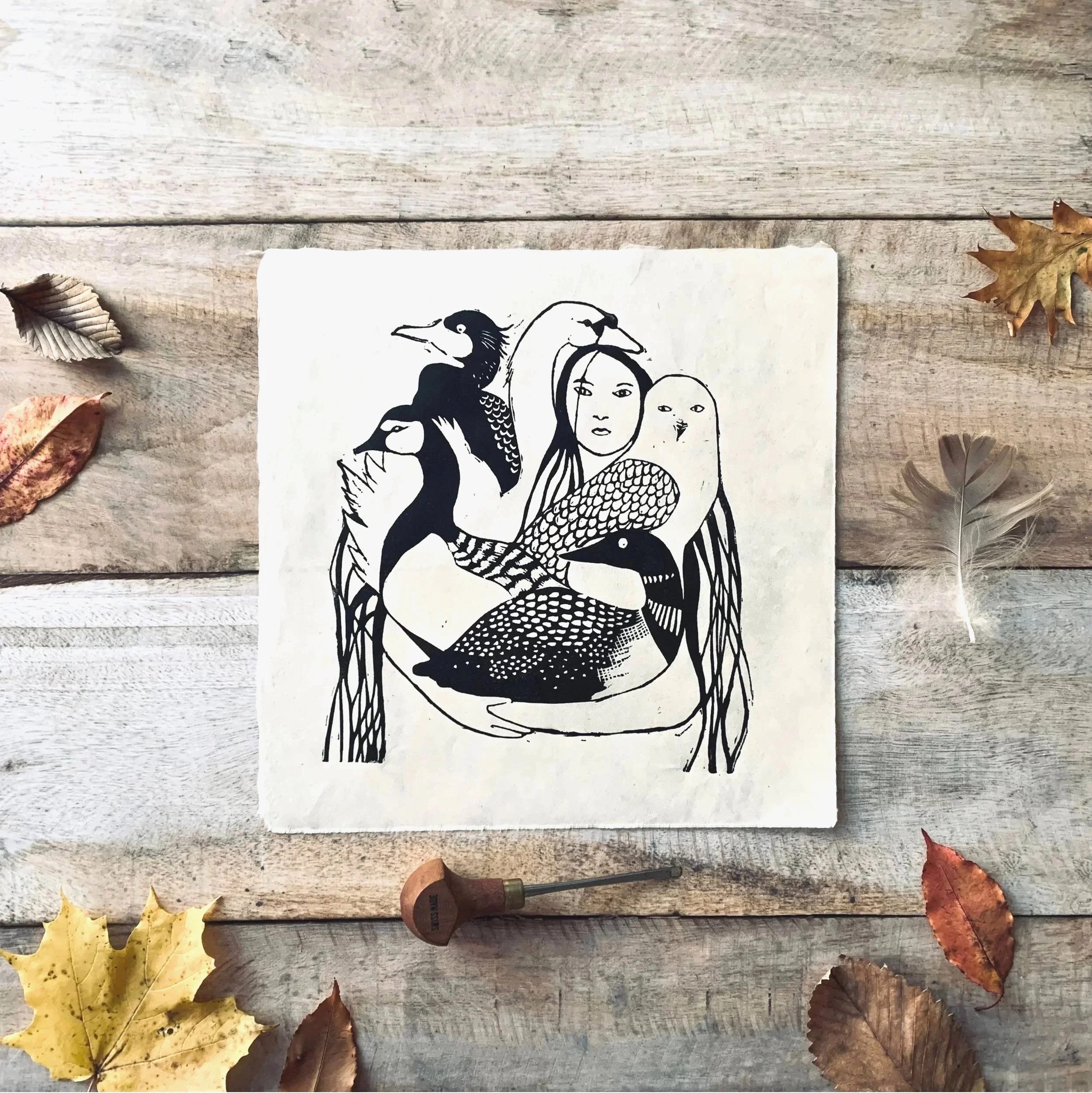 Bird Woman Linocut Print