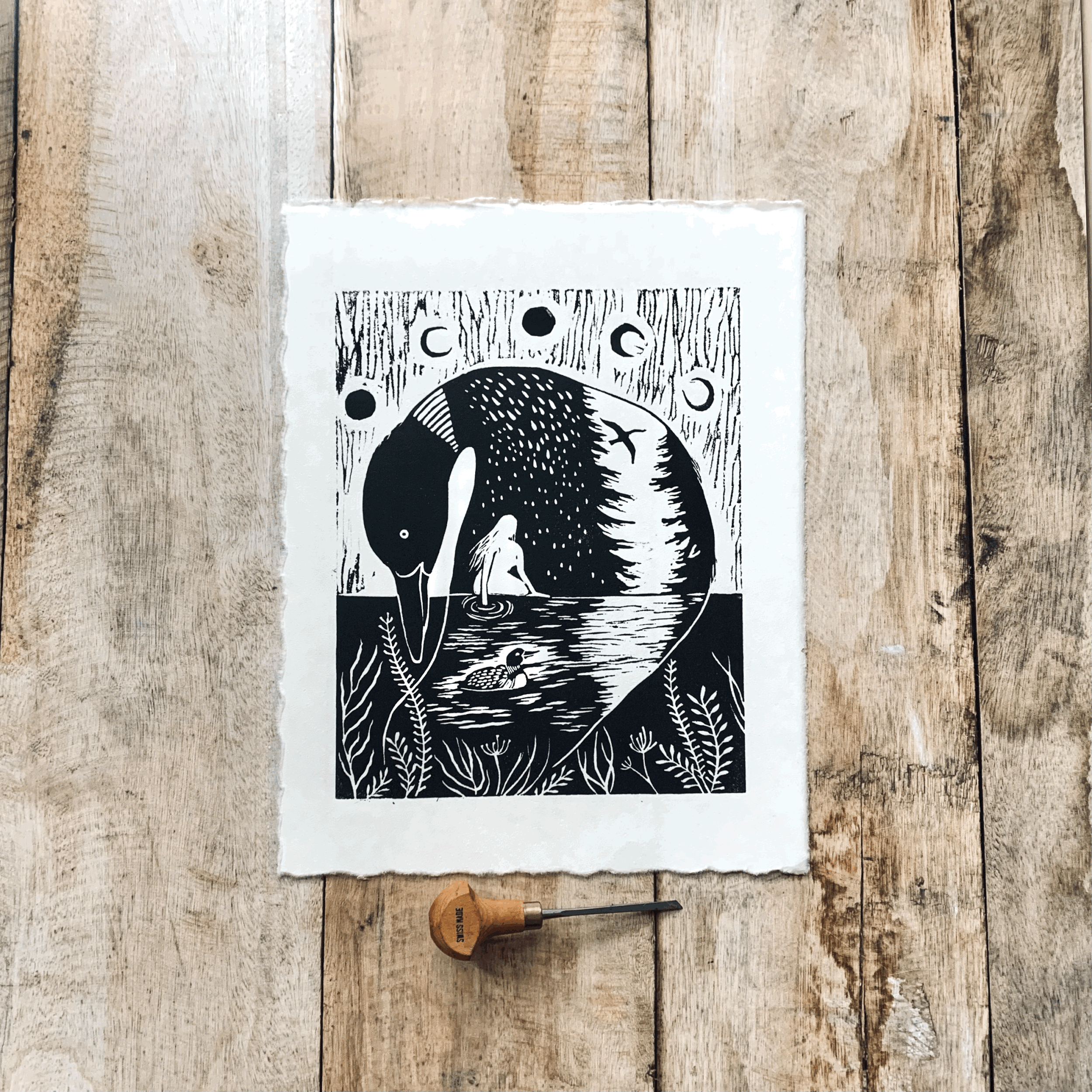 Loon Woman linocut print