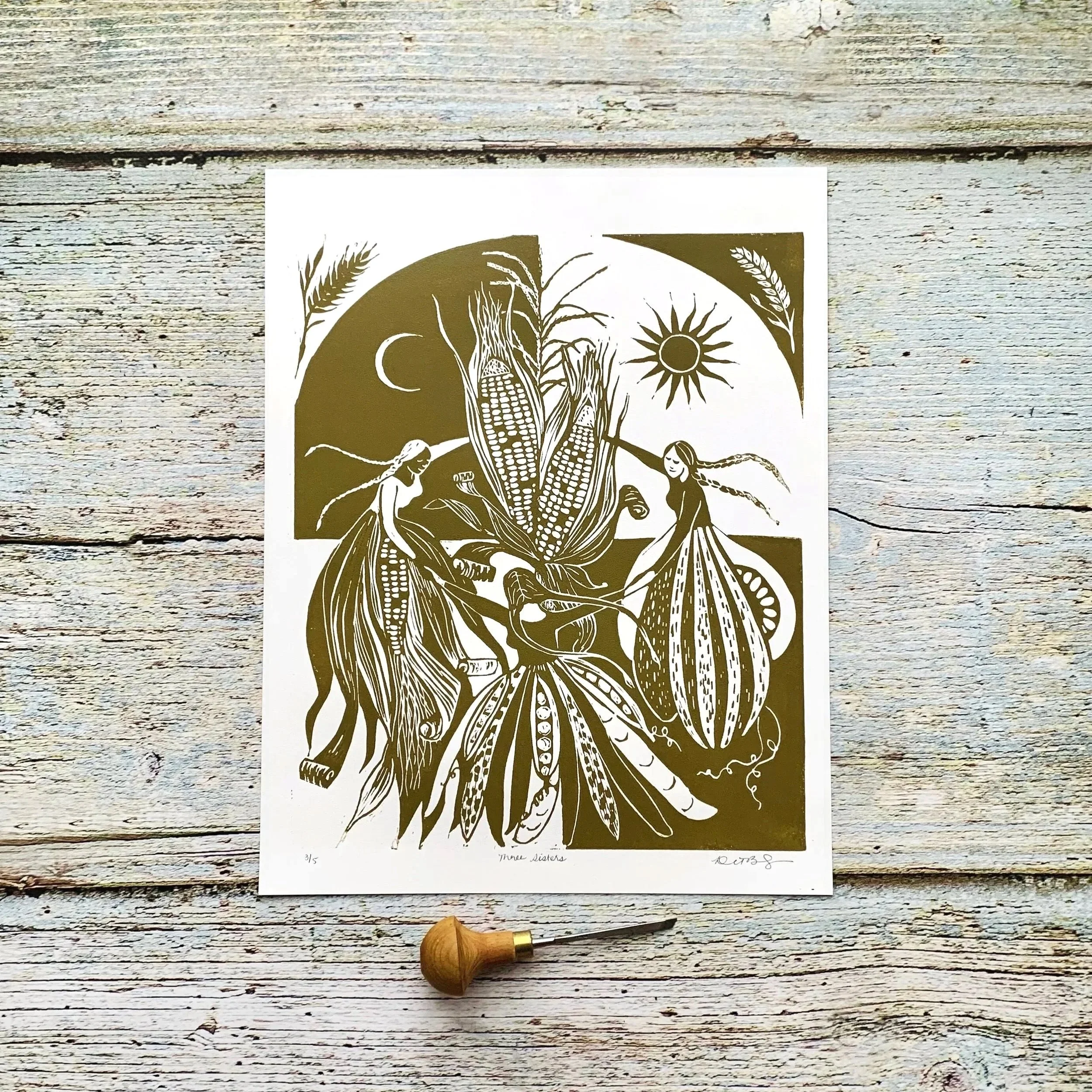 Three Sisters Garden Linocut