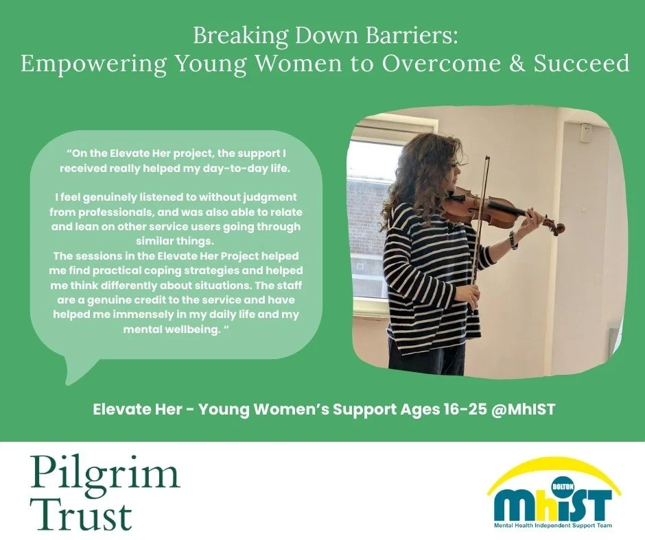 We are part of the Safe Space for Her Campaign with partners in Northern Ireland and North of England.  Mhist in Bolton, Elevate Her Project provides opportunities for young women to overcome barriers and succeed. 

#safespaceforher