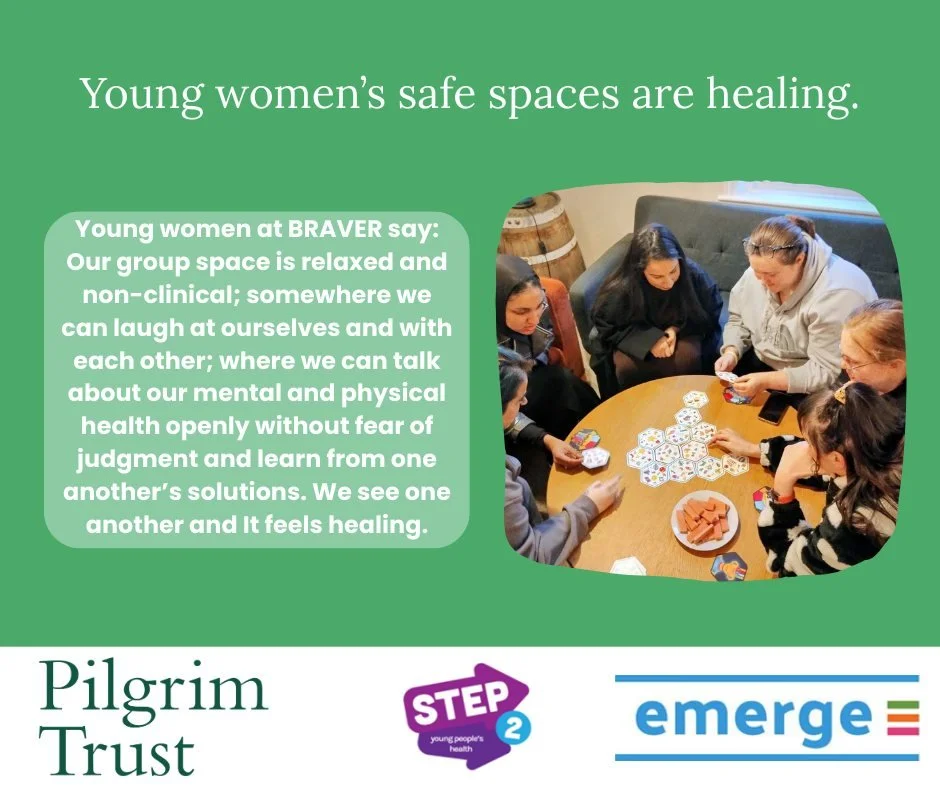 We are part of the Safe Space for Her Campaign with partners in Northern Ireland and North of England. 

Step  2 and Emerge in Bradford provide healing spaces for young women through counselling, mentoring and a weekly young women&rsquo;s group sessi