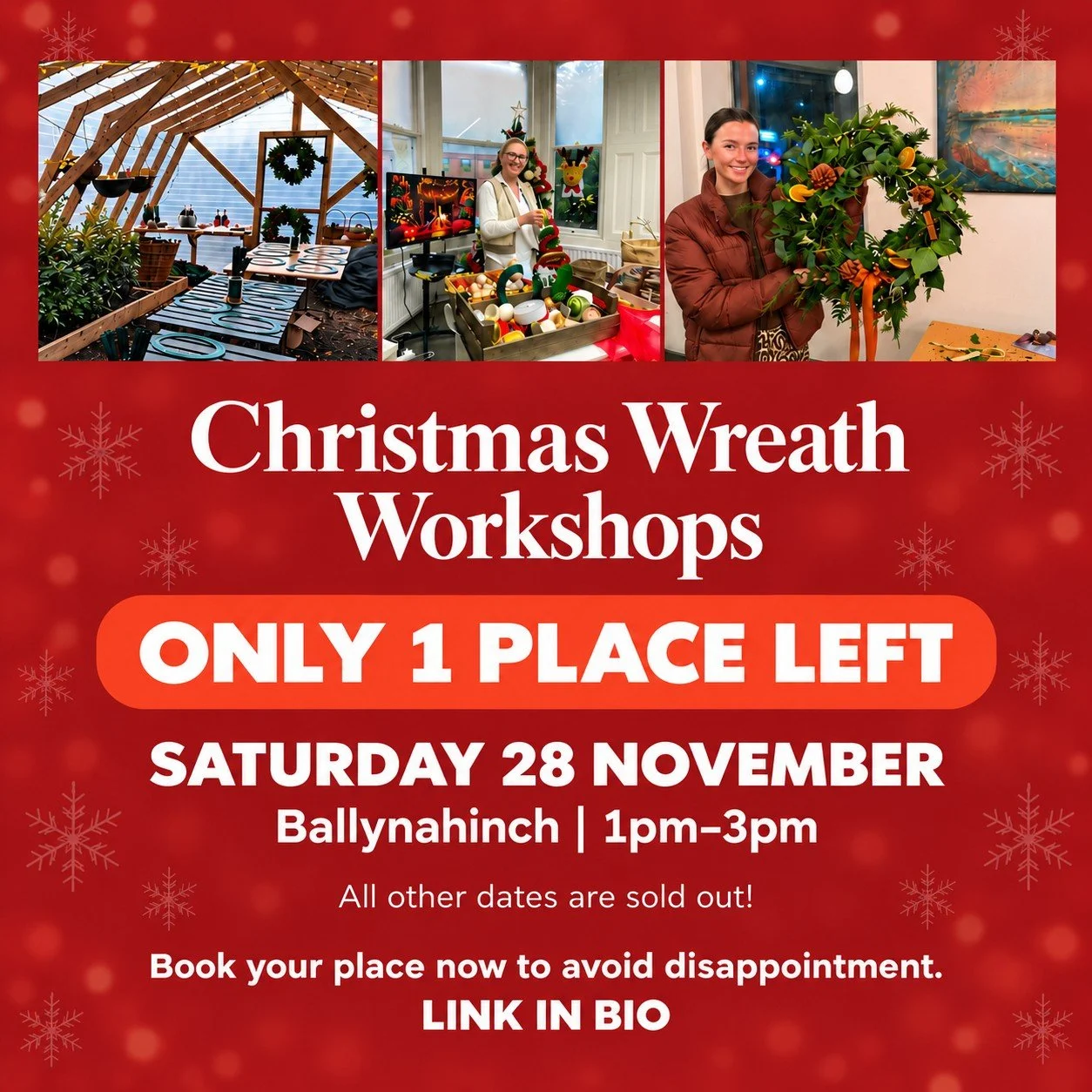 Just one place left for our Christmas Wreath Workshop on Saturday 28 November in Ballynahinch, from 1pm to 3pm!

All other dates are now sold out. Thank you to everyone who has booked.

Book your place now to avoid disappointment. Link in bio!