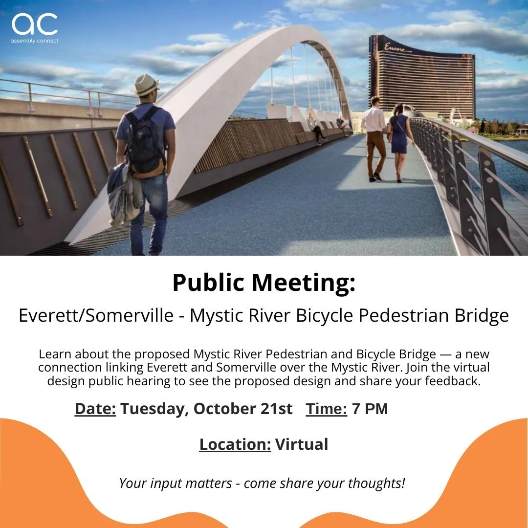 Public Meeting!📣

@massdot is hosting a meeting to give the public a chance to learn more about the proposed design for the Mystic River Pedestrian and Bicycle Bridge. All feedback and comments shared will be reviewed and considered. This project wi