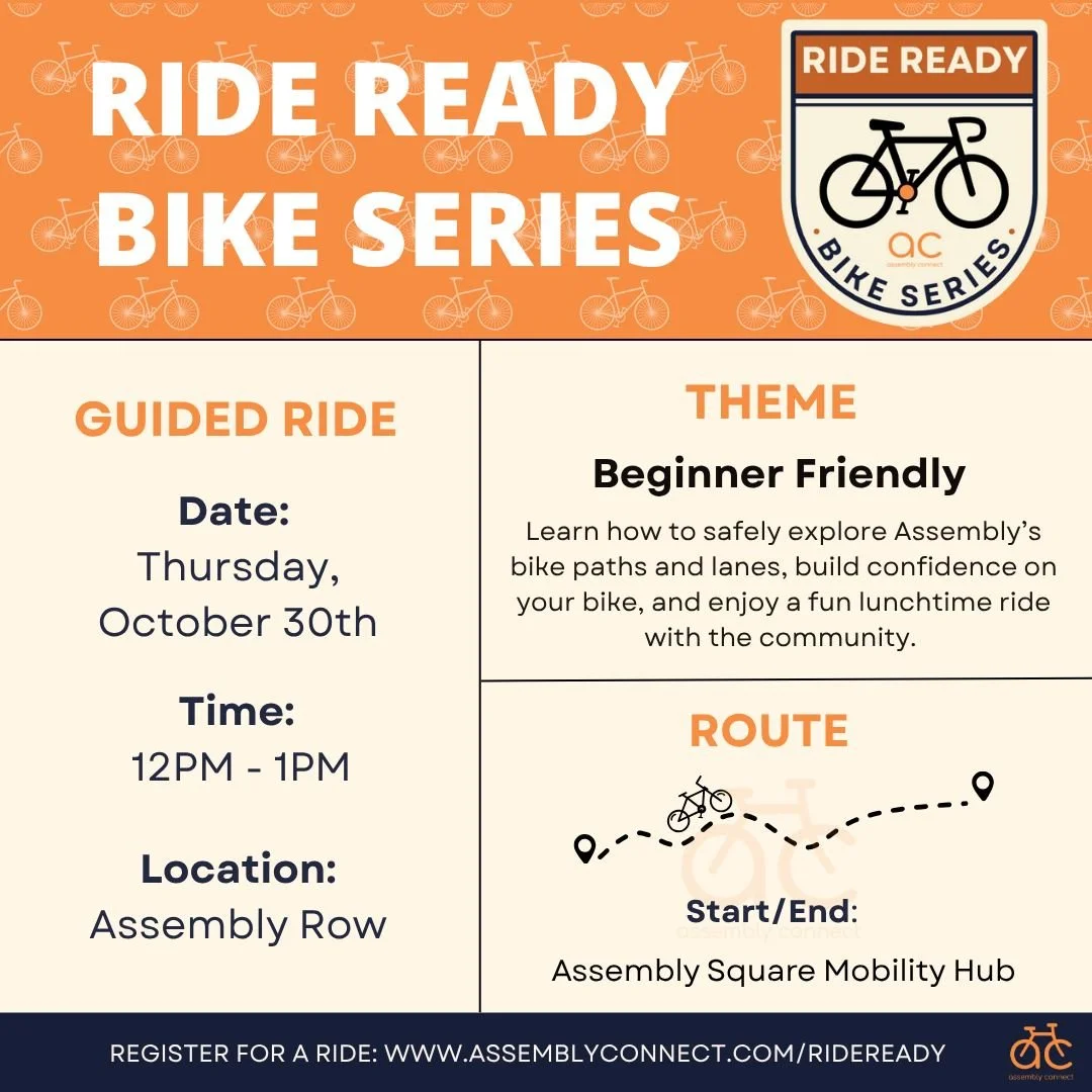 Ride Ready Bike Series: Beginner Guided Ride 🚲

Ready to get rolling? Join Assembly Connect for a beginner-friendly guided bike ride designed for new and casual riders! Learn how to safely explore Assembly&rsquo;s bike paths and lanes, build confide