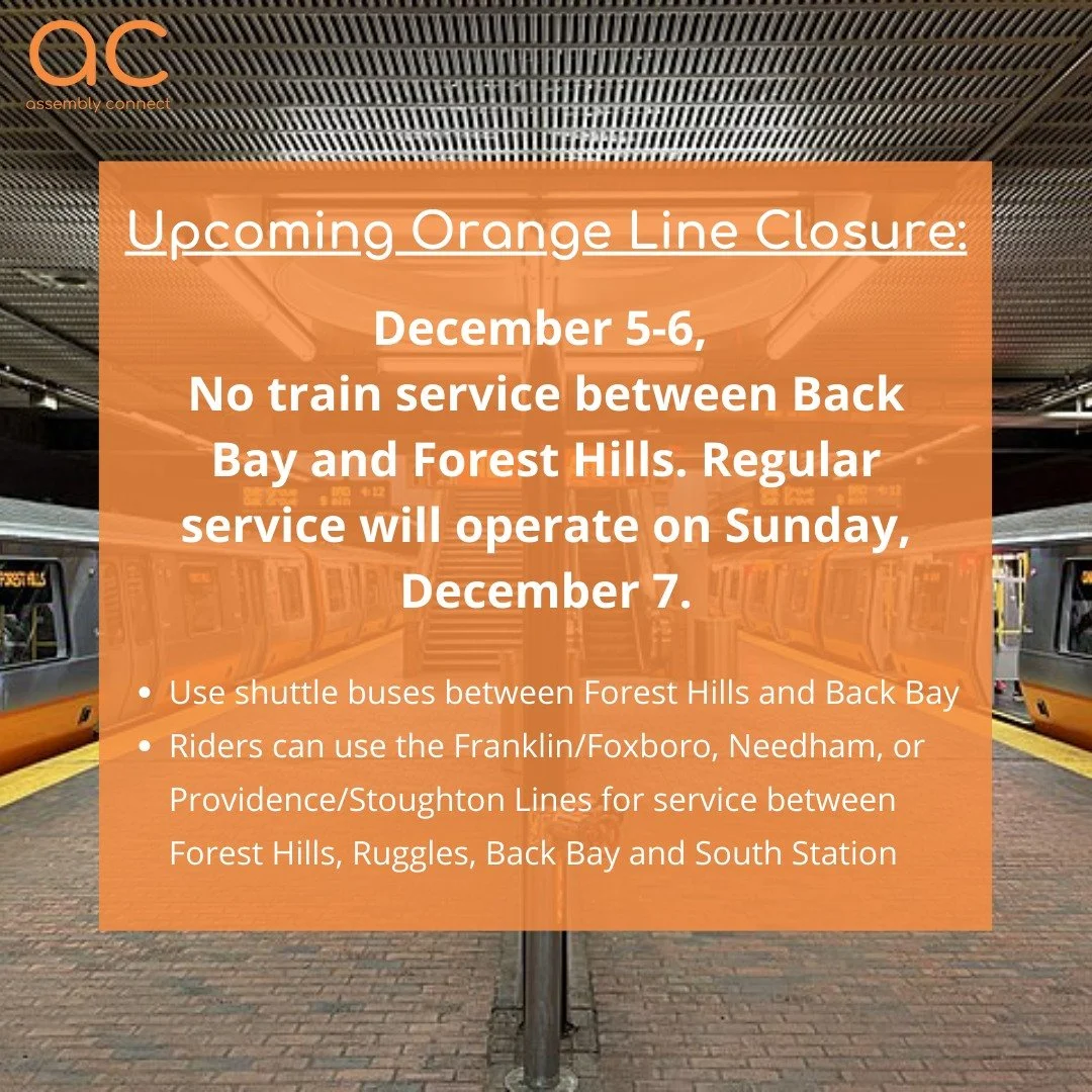 🚨 Attention, Orange Line riders 🚨

Starting this Friday, December 5th, through Saturday, the 6th, shuttle buses will replace train service between Back Bay and Forest Hills for signal upgrades. Normal train service will resume on Sunday, December 7