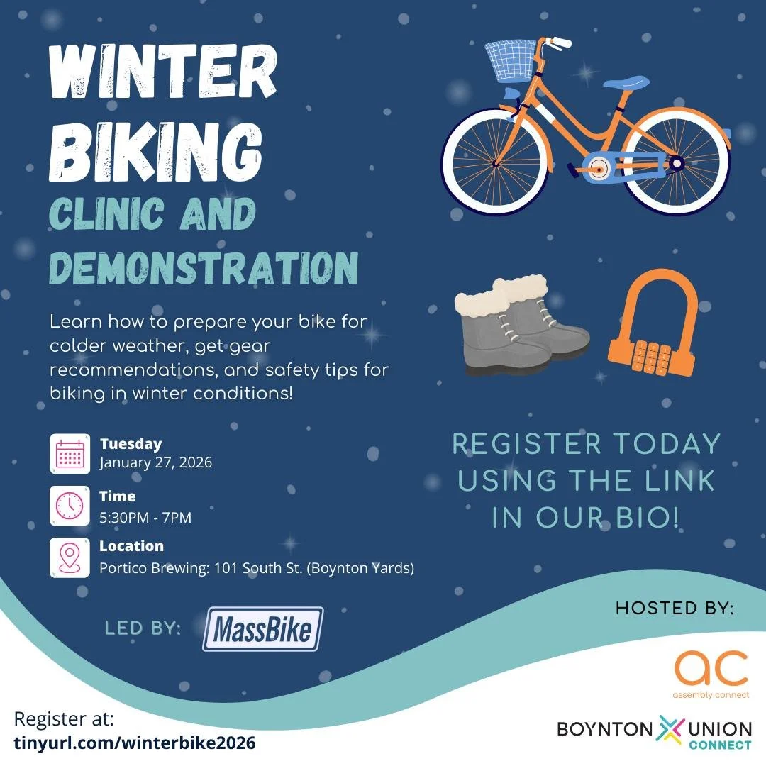 🚴&zwj;♂️ Attention cyclists! ❄️

Join us Tuesday, January 27th from 5:30&ndash;7:00 PM for a Winter Biking Demonstration Clinic at @porticobrewing at Boynton Yards!

Assembly Connect and Boynton Union Connect are partnering to host this free, in-per