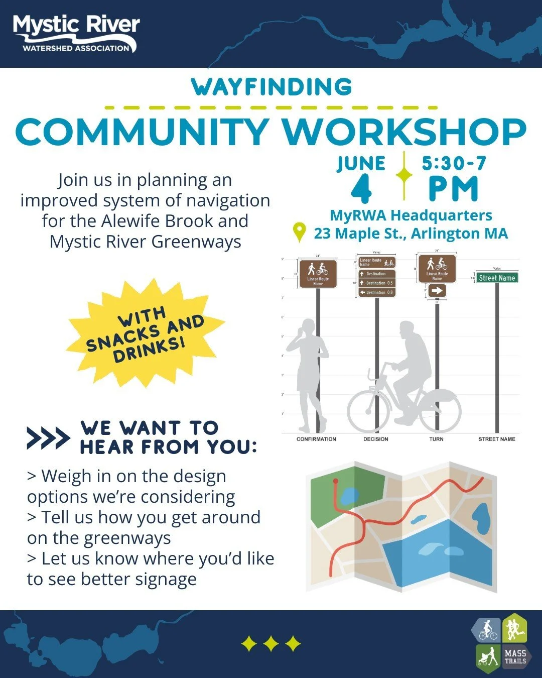 Help shape the future of the Alewife Brook and Mystic River Greenways! 🌿🚶&zwj;♀️🚴&zwj;♂️

The @mystic.river.watershed (MyRWA) is developing a new wayfinding plan to make it easier for people to navigate and enjoy the Alewife Brook and Mystic River