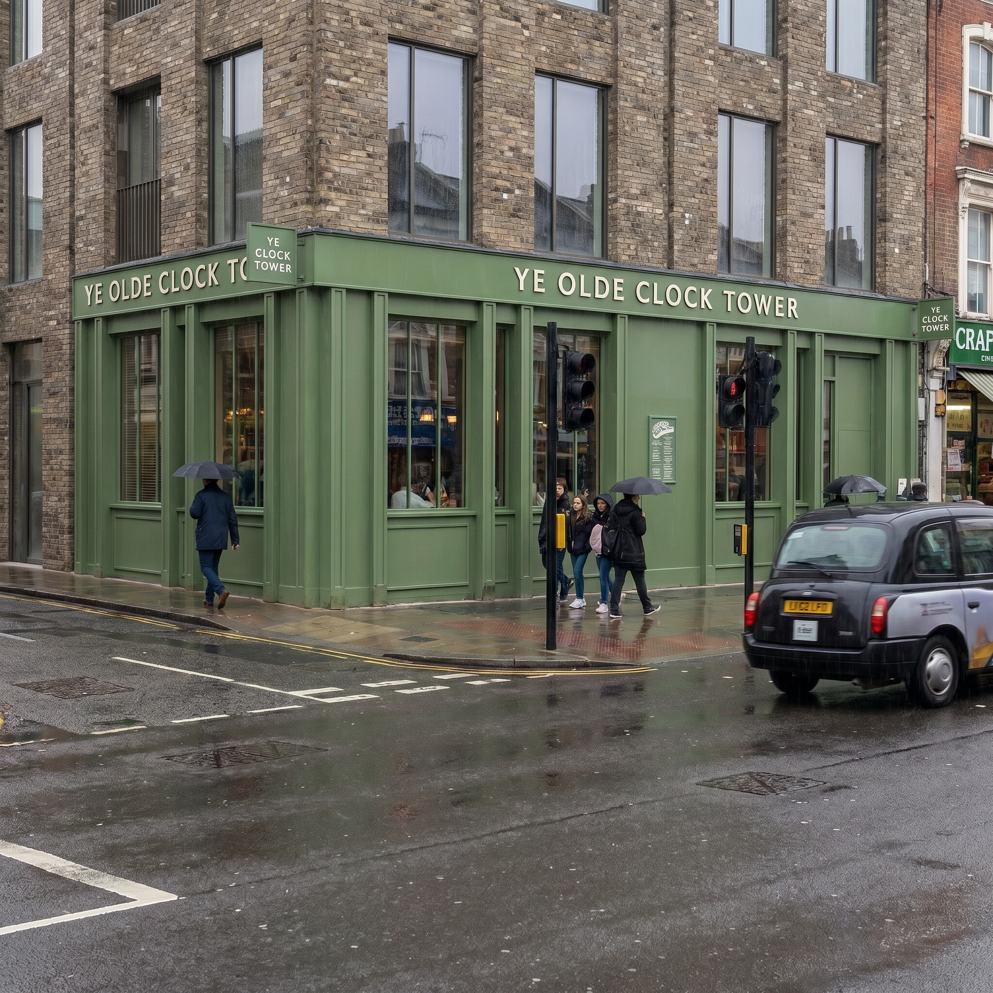 Street view showing the YMCA Olde Clock Tower building with large windows and a green facade, in rainy weather with pedestrians holding umbrellas, parked cars, and traffic lights.