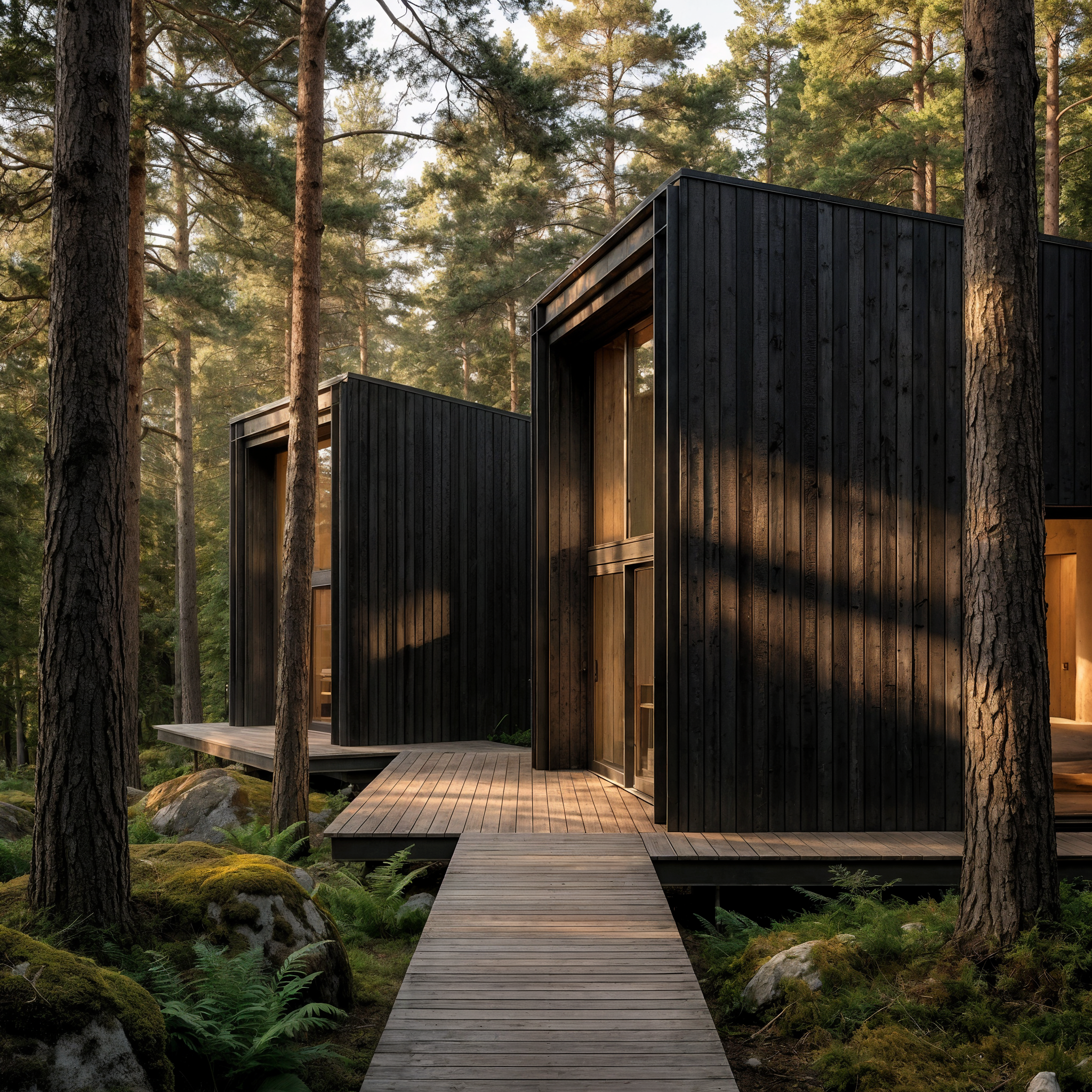 Modern black wooden cabin with large windows, situated among tall pine trees in a forest.