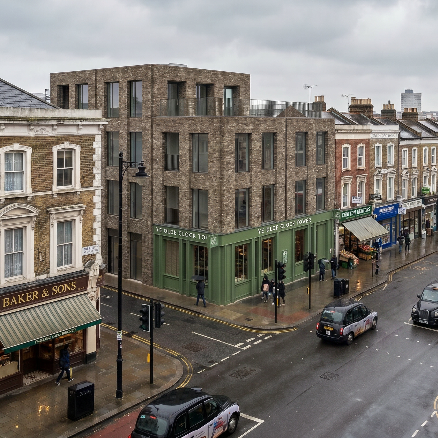 Street view showing a mix of old and modern buildings with shops on the ground floor and pedestrians walking on the sidewalk. Cars are parked along the street under a cloudy sky.