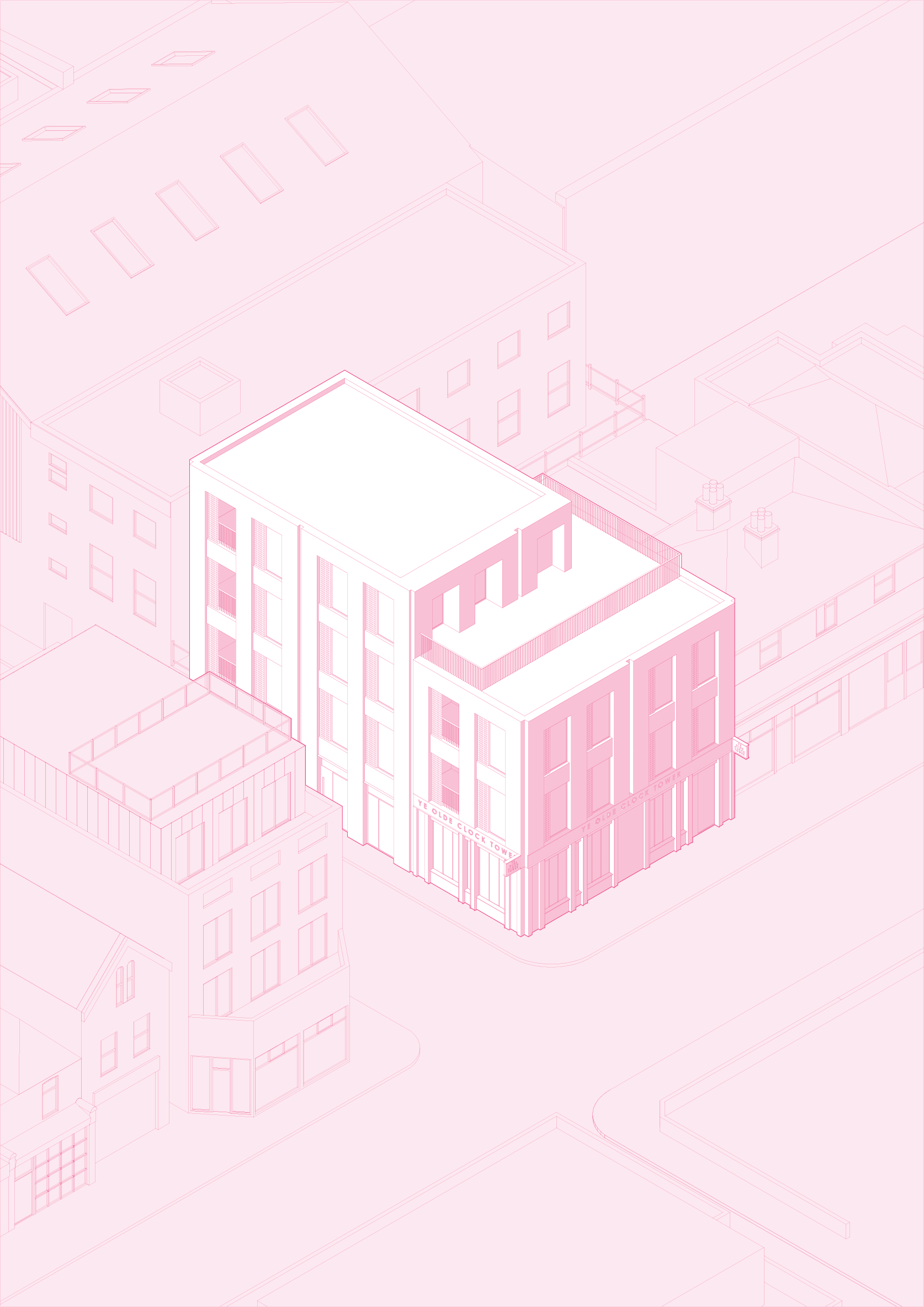 A 3D digital rendering of a modern multi-story building with a flat roof, located in an urban area with neighboring buildings and streets. The image uses pink outlines on a light pink background.
