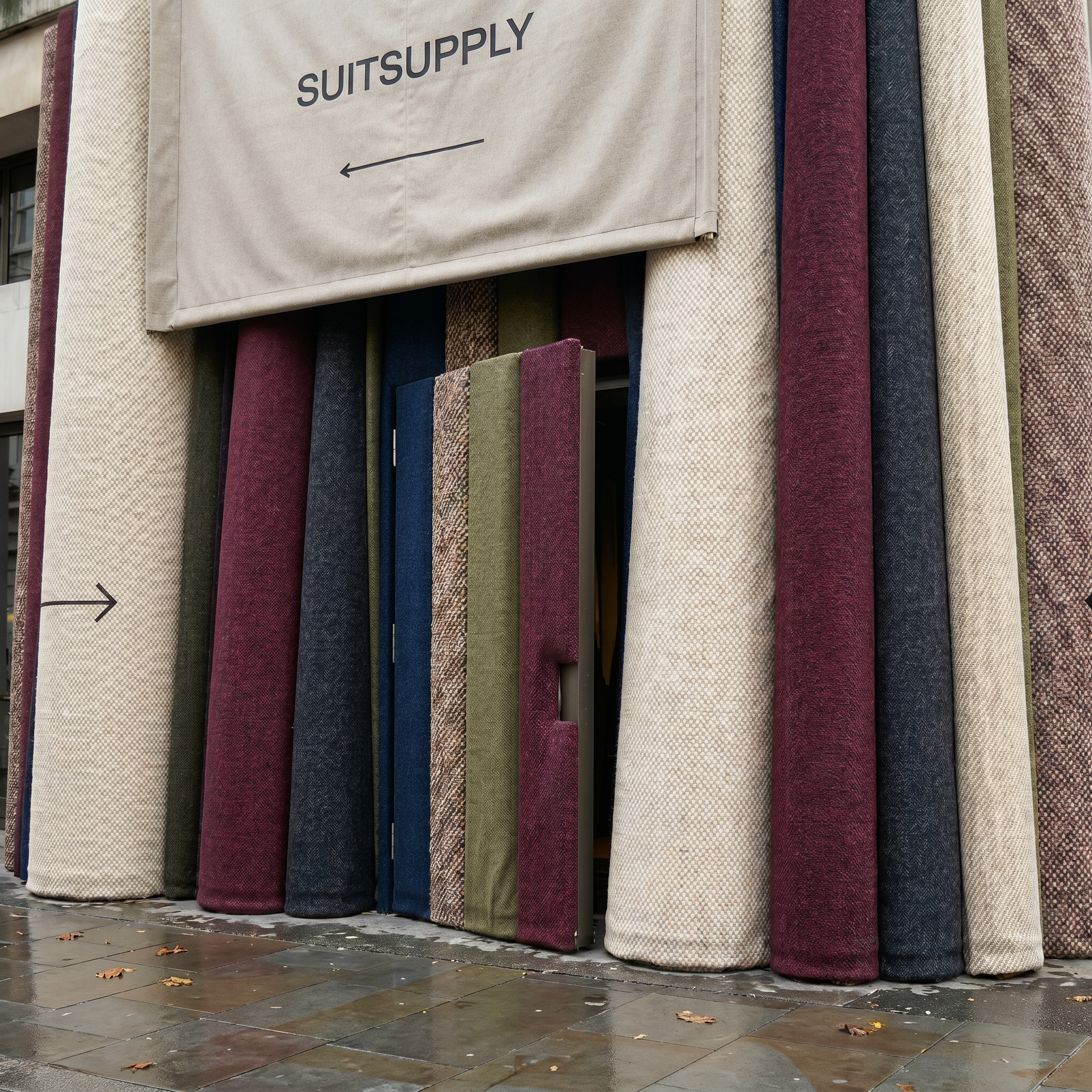 Display of fabric swatches in various colors and textures arranged vertically outside a fabric store.