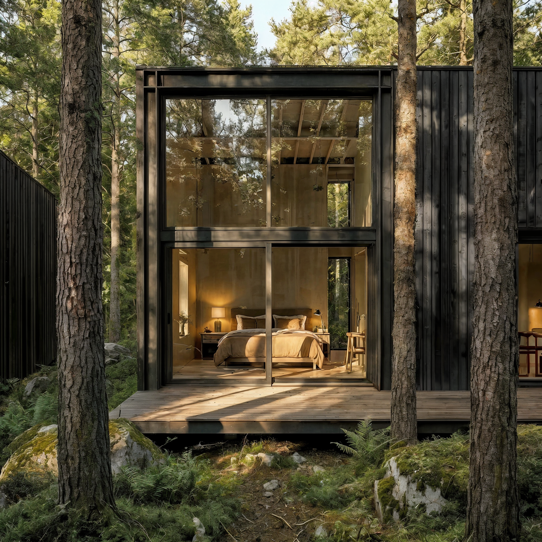 A modern house with large glass windows set among tall pine trees, with a wooden deck in front.