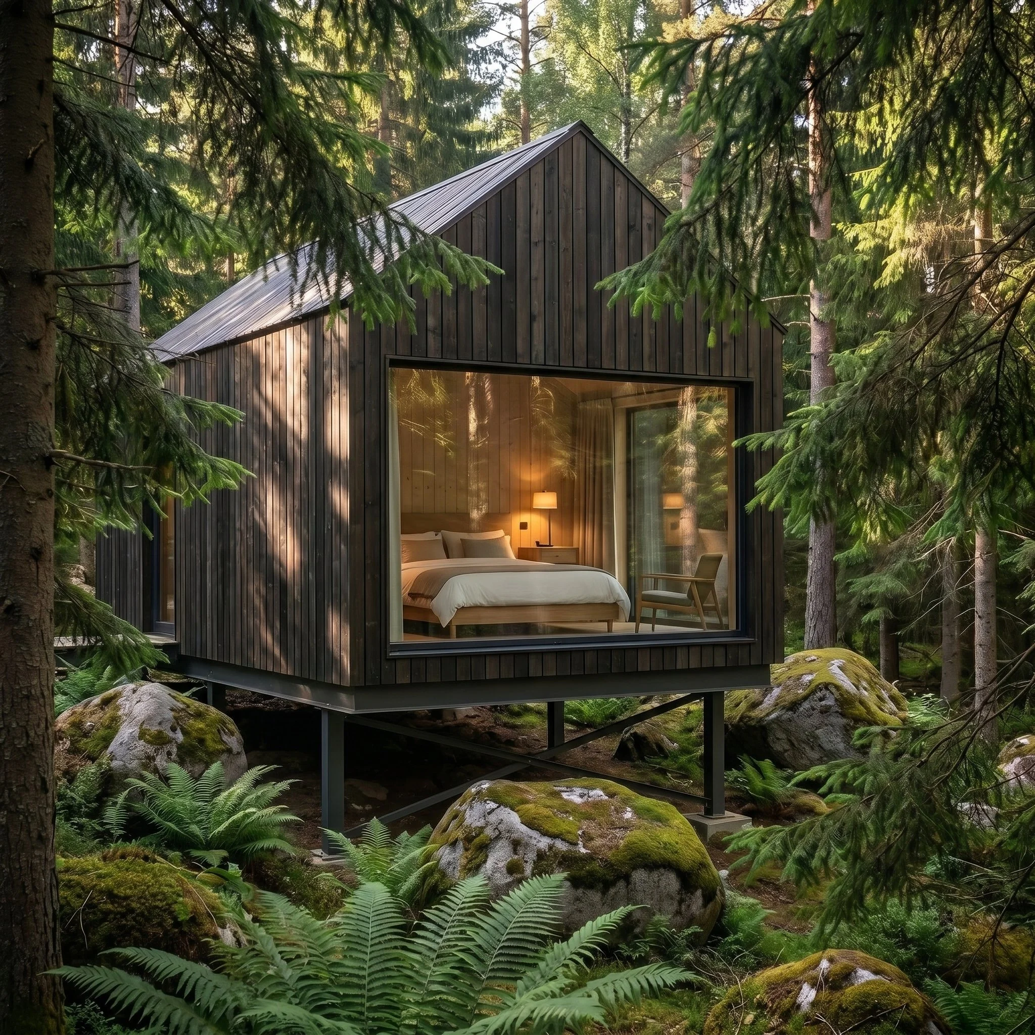 A small black wooden cabin with a metal roof surrounded by dense green forest, viewed through tree branches and moss-covered rocks.