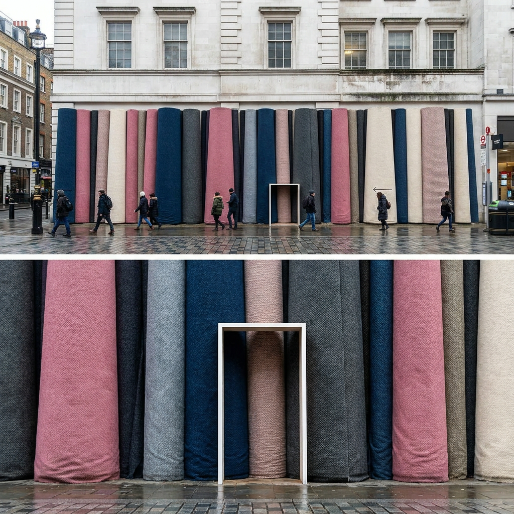 Colorful oversized fabric rolls leaning against a building exterior with a small arched doorway, forming a city street scene.
